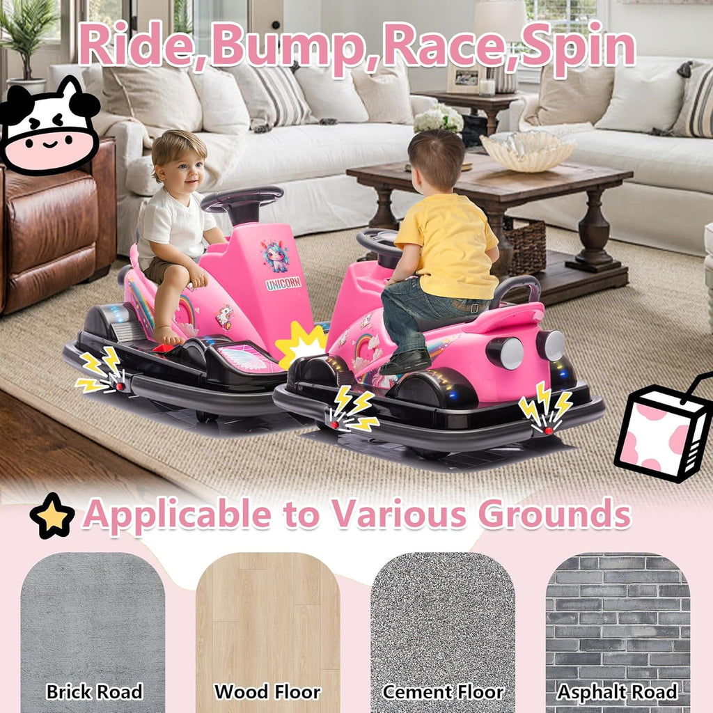 Track 7 12V Ride on Bumper Car, Kids Electric Car with Horn, Music, Four-Wheel LED Waterfall Lights, 360 Degree Spin and DIY Sticker, Bumper Car for Kids & Toddlers 2-5 Years, Pink