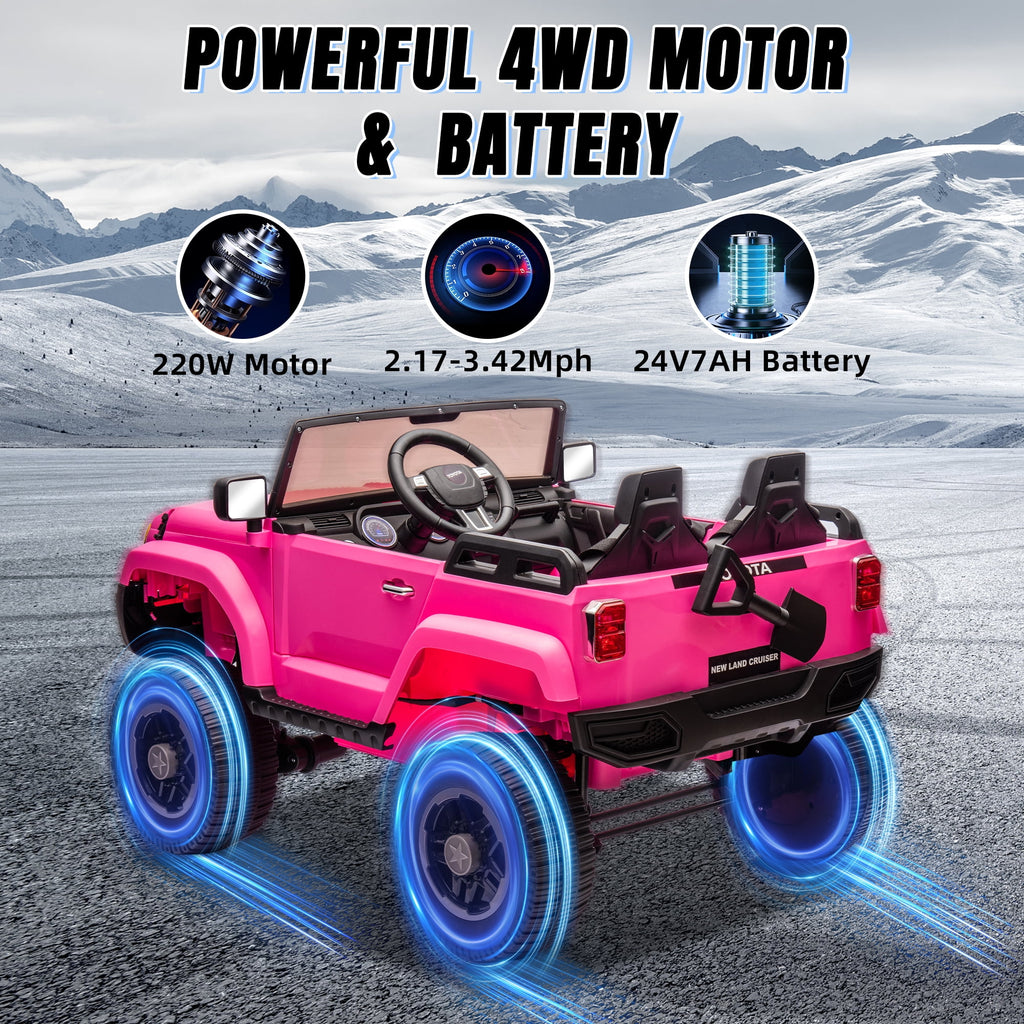Track 7 24V Ride on Car, Licensed Toyota LC 250 2-Seater Electric Car for Boys Girls, 24V Ride on Car with Remote Control, Music, Bluetooth, Front Storage Space, Shovel, Pink