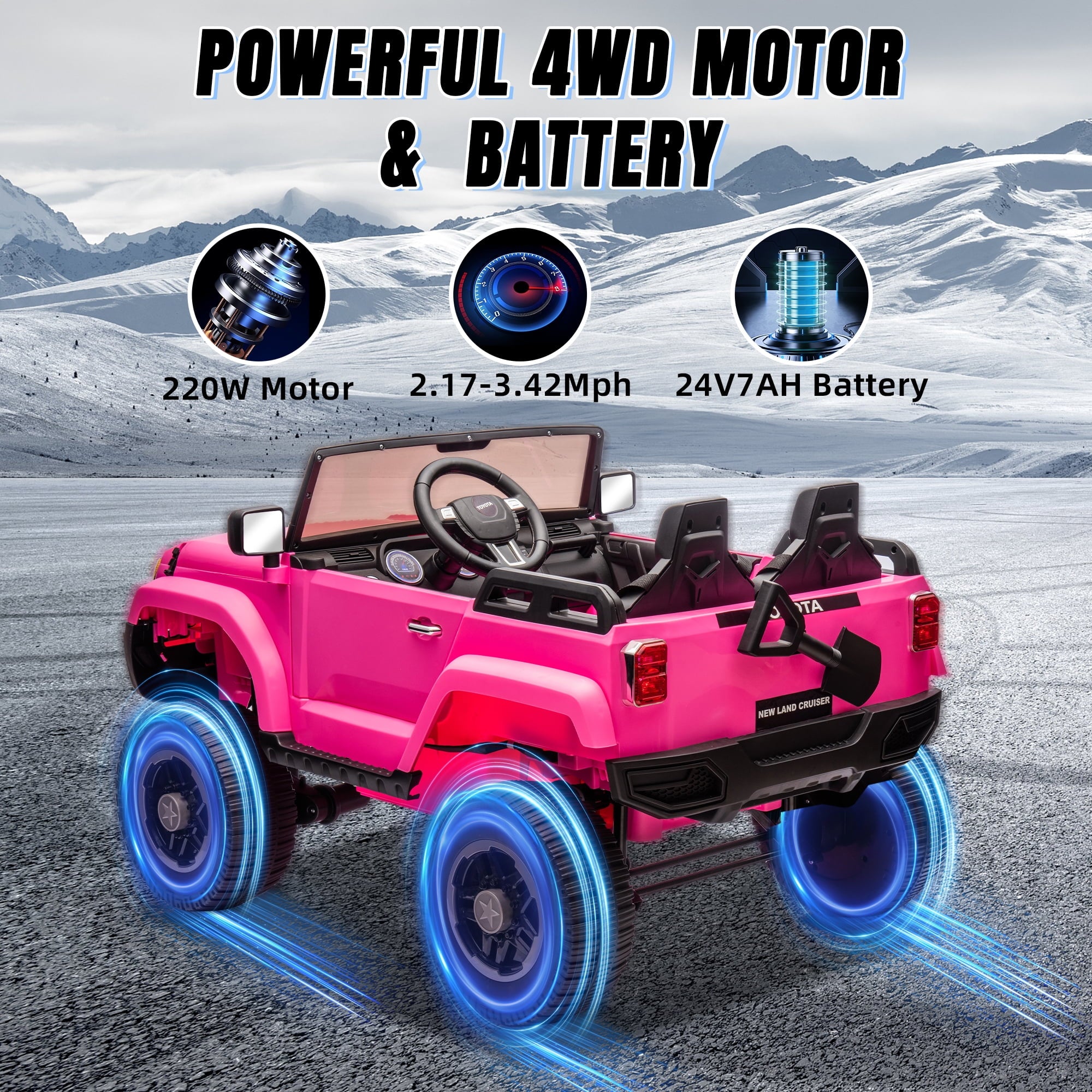 Track 7 24V Ride on Car, Licensed Toyota LC 250 2-Seater Electric Car for Boys Girls, 24V Ride on Car with Remote Control, Music, Bluetooth, Front Storage Space, Shovel, Pink