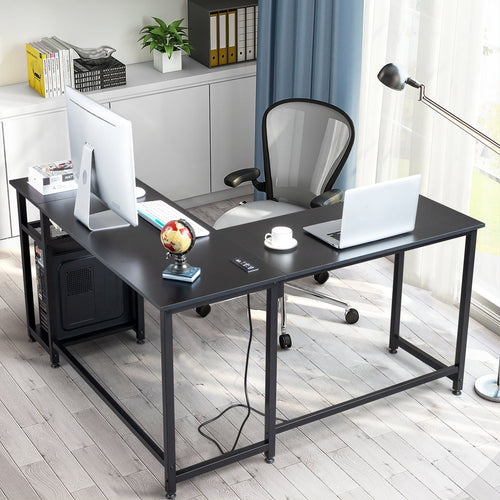 COOKCOK L Shaped Desk, 55" Computer Desk with Power Outlets, Reversible Corner Desk with Storage Shelves, Home Office Desk for Writing Gaming Study, Black