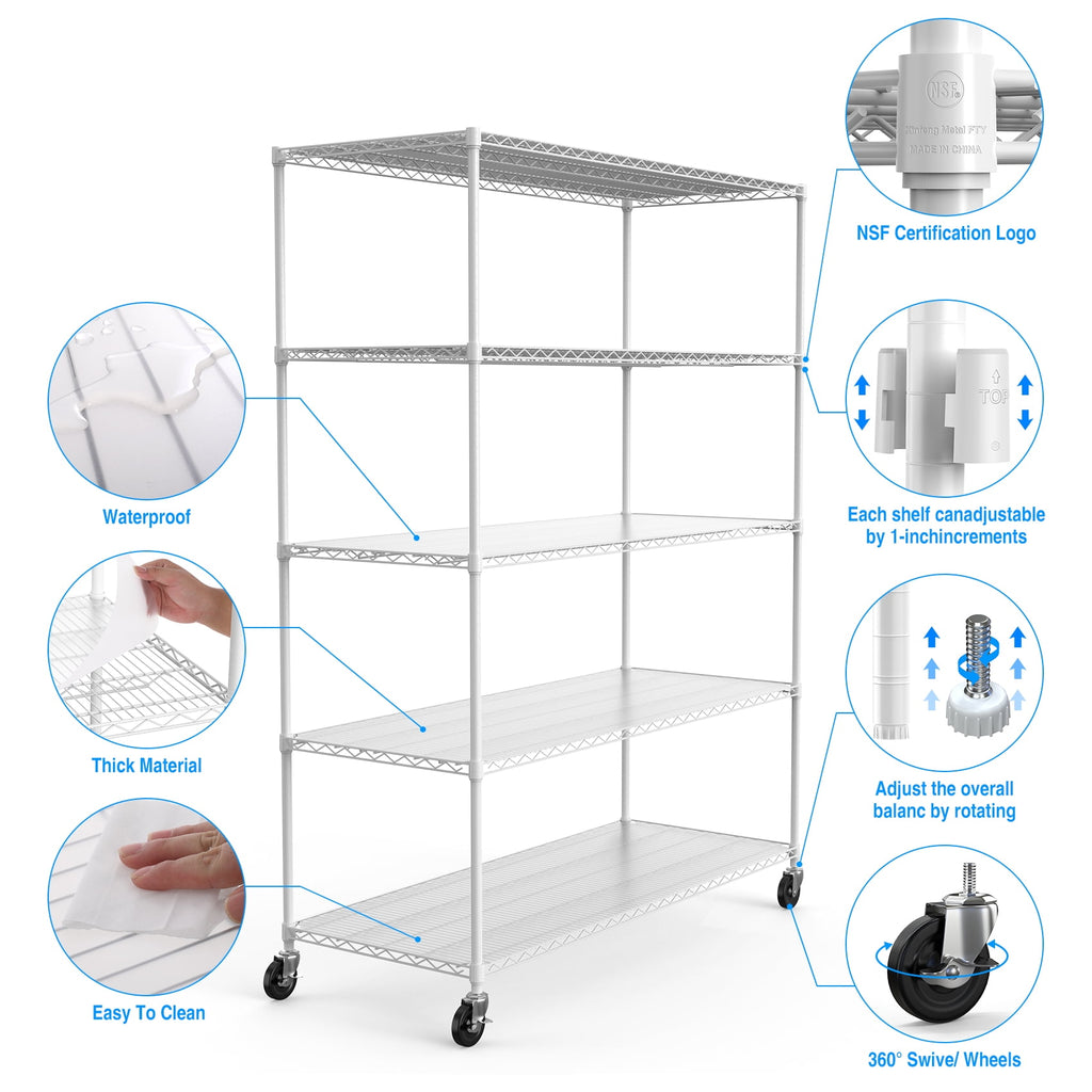 COOKCOK 5-Tier Wire Shelving Unit, 600lbs Heavy Duty Adjustable Metal Storage Shelf with Wheels, 82" H x 60" L x 24" D Garage Shelf with PE Mat, Leveling Feet, NSF Certified, White