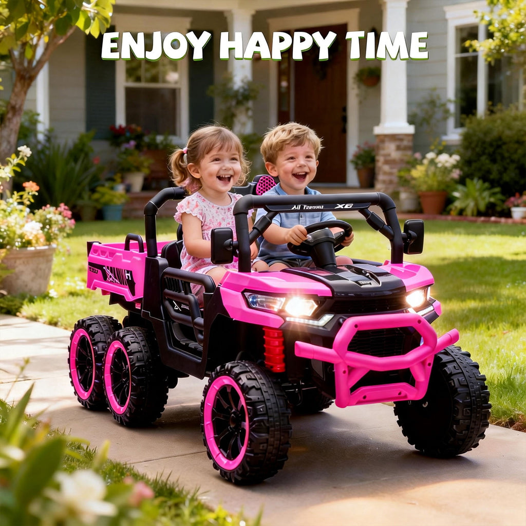 Track Seven 24V 2-Seater Ride on Dump Truck, 4WD 6-Wheel Kids Ride on Car w/Remote Control, Electric Dump Bed, Toy Shovel, Music, Max 5 mph, 20" Large Seat, Ride on Toy for Boys Girls Age 3+, Pink