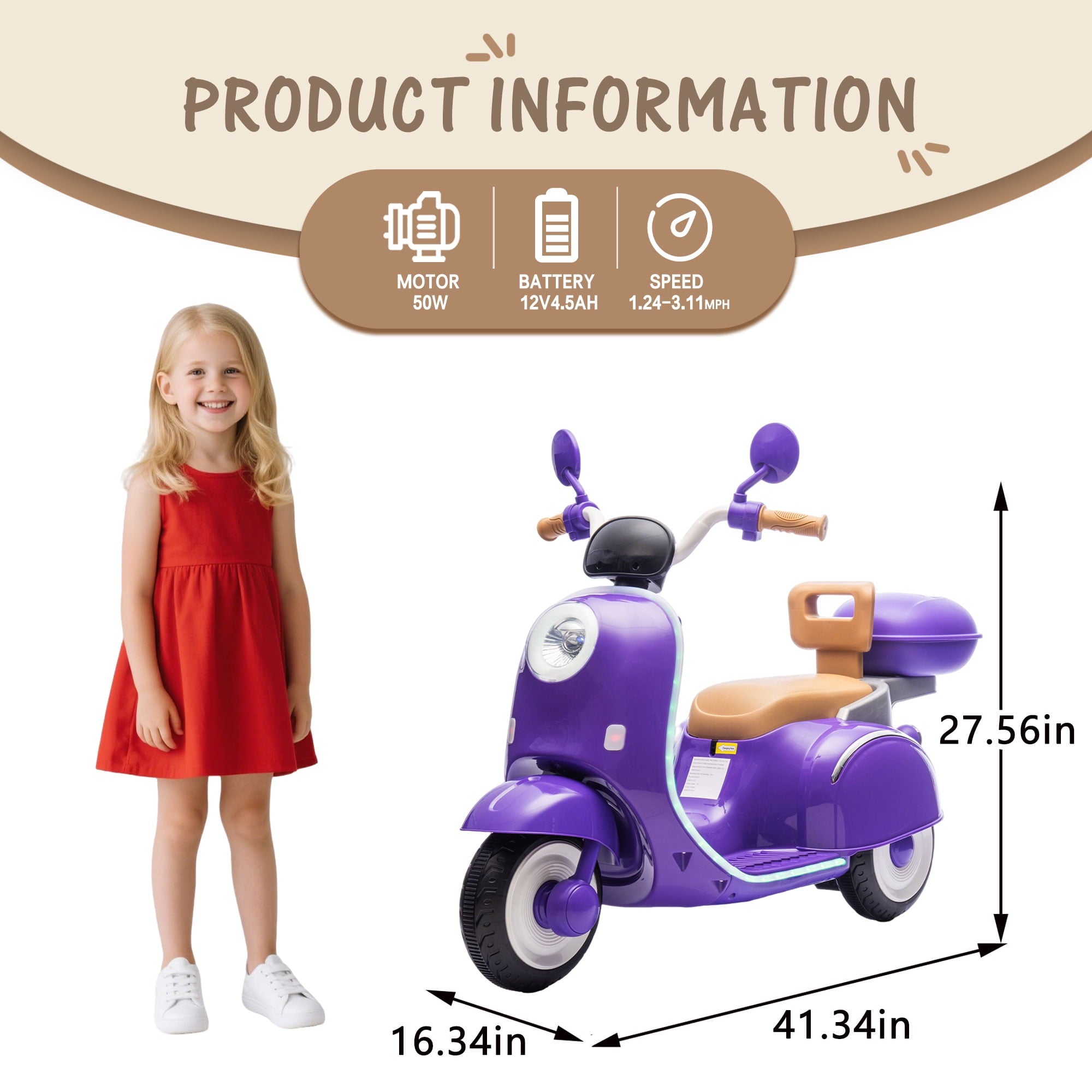 Track Seven 12V Kids Ride on Electric Motorcycle,3 Wheels Powered Motorbike with LED Strip light, 2WD, Anti-Slip Seat, Storage Basket, Bluetooth Music, Parent Remote Control for Ages 3-8, Purple