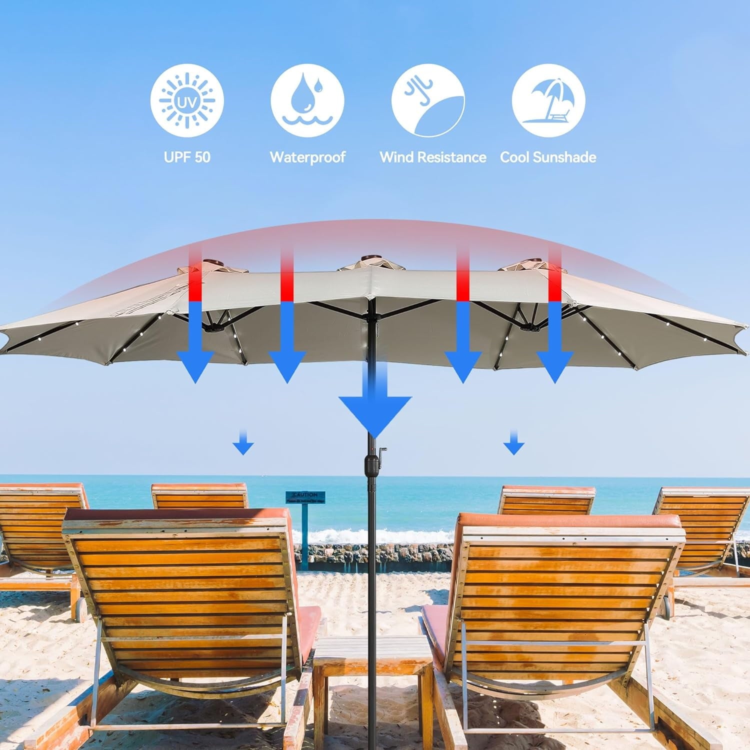 COOKCOK 15x9ft Large Patio Umbrella, Double-Sided , Hand Crank, 48 LEDs, 12 Ribs for Backyard, Khaki