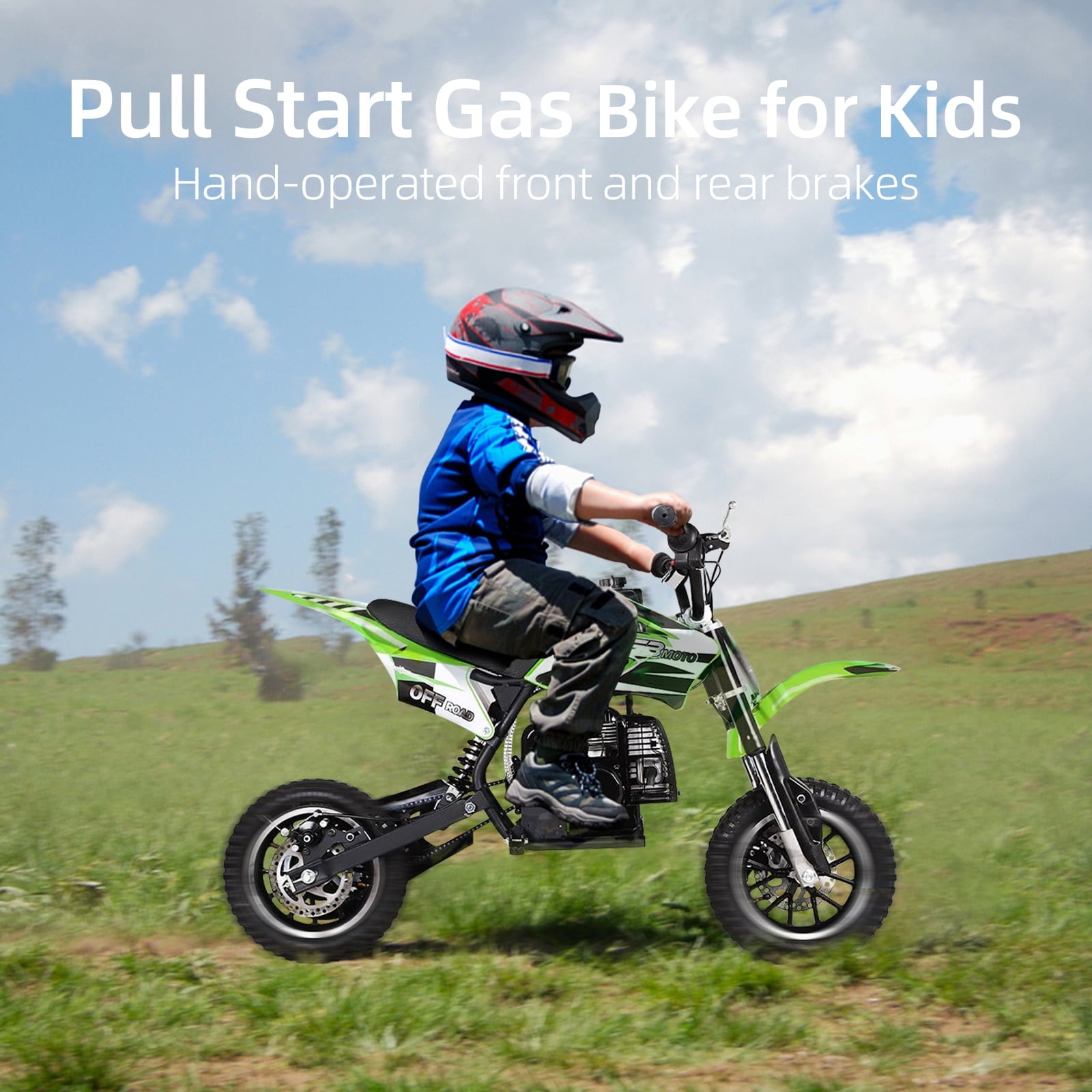 Track 7 49CC 2-Stroke Kids Dirt Bike, Off Road Gas Motorcycle, Up to 20Mph, Gas Dirt Bike w/Rear Suspension, Pull Start, Front & Rear Disc Brake, Green