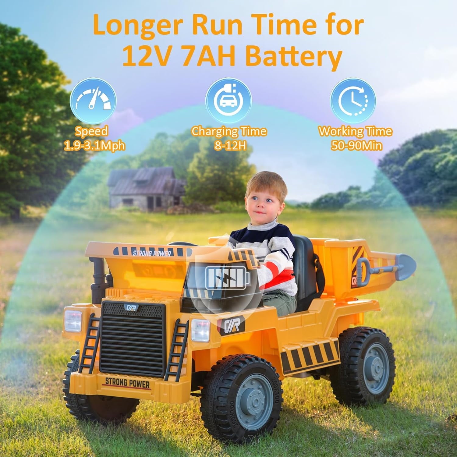 Track 7 Kids Ride on Car, 12V Ride on Dump Truck, Electric Car with Remote Control, Music, USB, Story, Electric Dump Bed and Extra Shovel, Phone stand