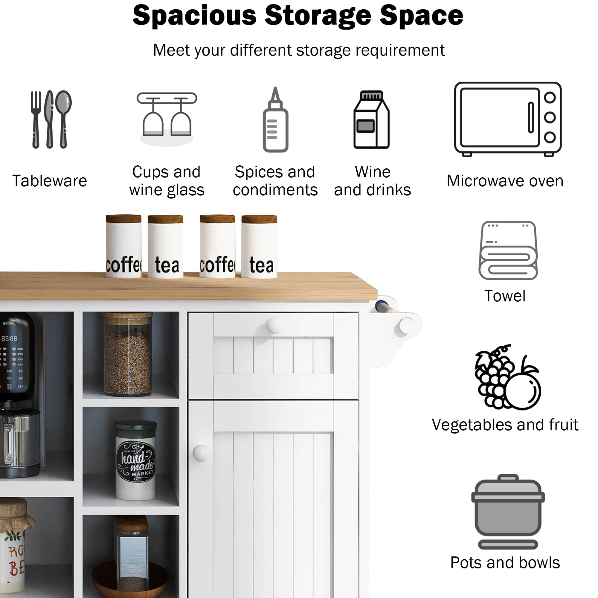 COOKCOK Kitchen Island Cart with Storage Cabinet, Rolling Mobile Kitchen Cart with Wood Desktop, Microwave Cabinet, Floor Standing Buffet Server Sideboard for Kitchen Room, Dining Room, White