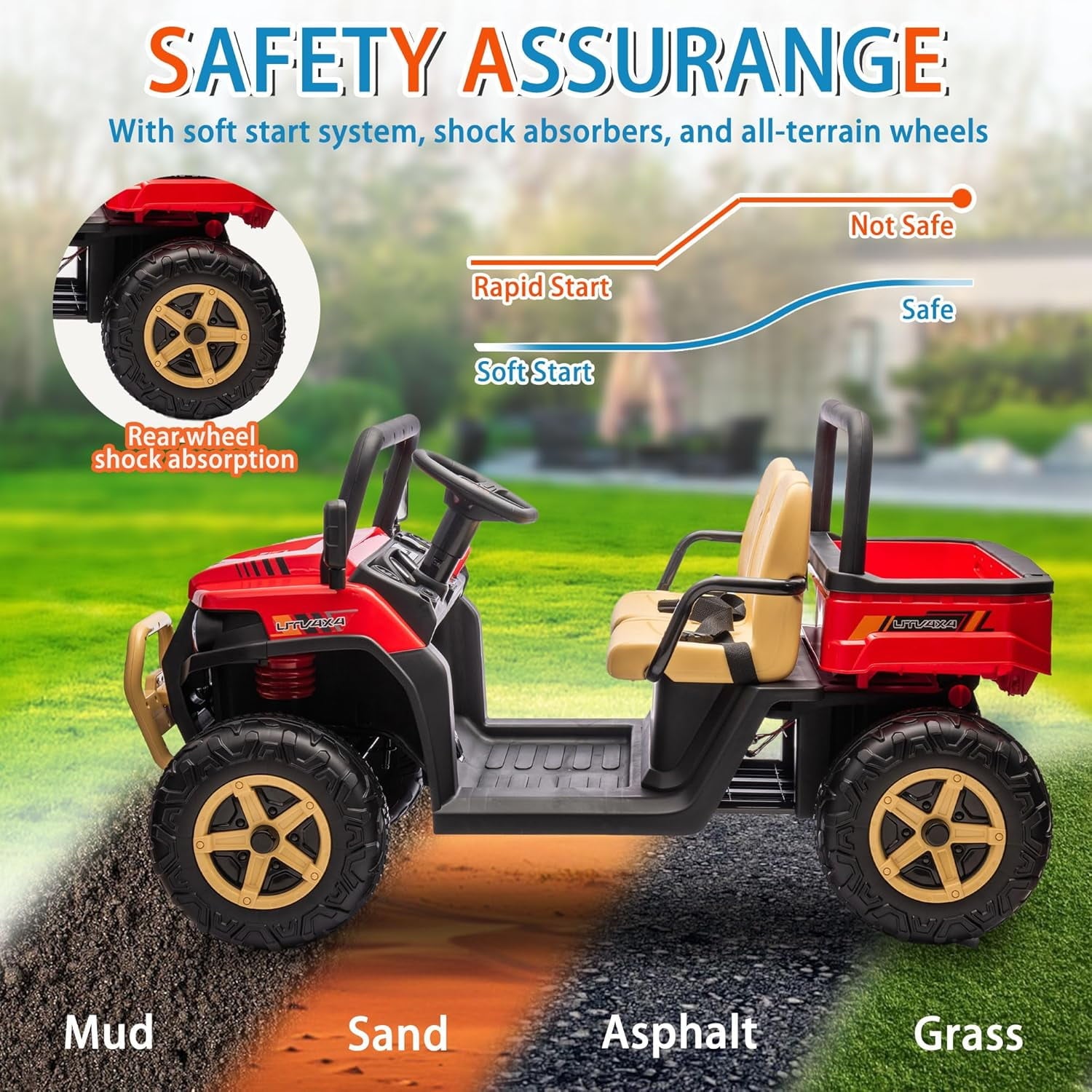 Track 7 24V 2 Seater Ride on Car, 25.79" Width Large Seat, 24V Ride On UTV w/Remote Control, Automatic Tipping Bucket, Bluetooth, Portable Handle, Electric Car Truck for Boys Girls Age 3+, Red