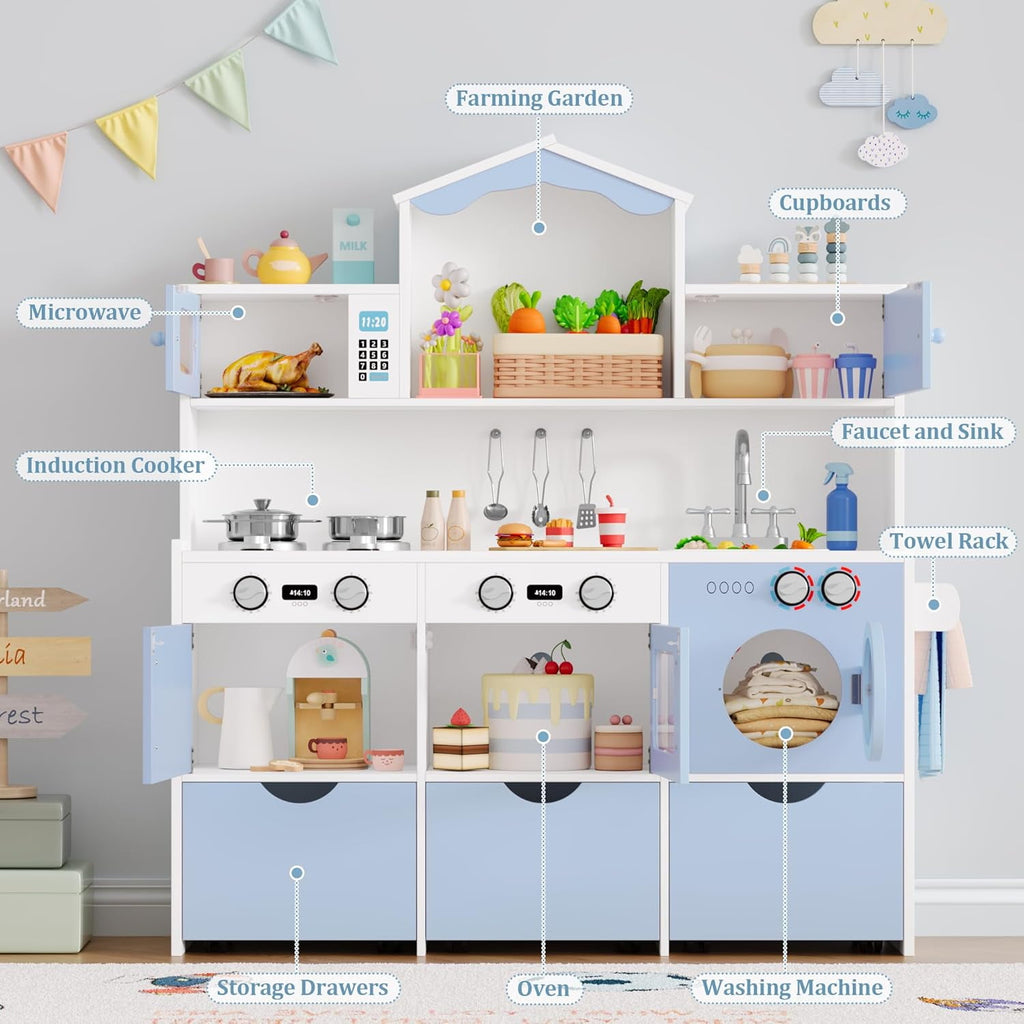 Track Seven Wooden Play Kitchen for Kids and Toddler, Toy Kitchen Playset with Plenty of Pretend Play Features and Storage Drawers, Gift for Boys and Girls, Blue
