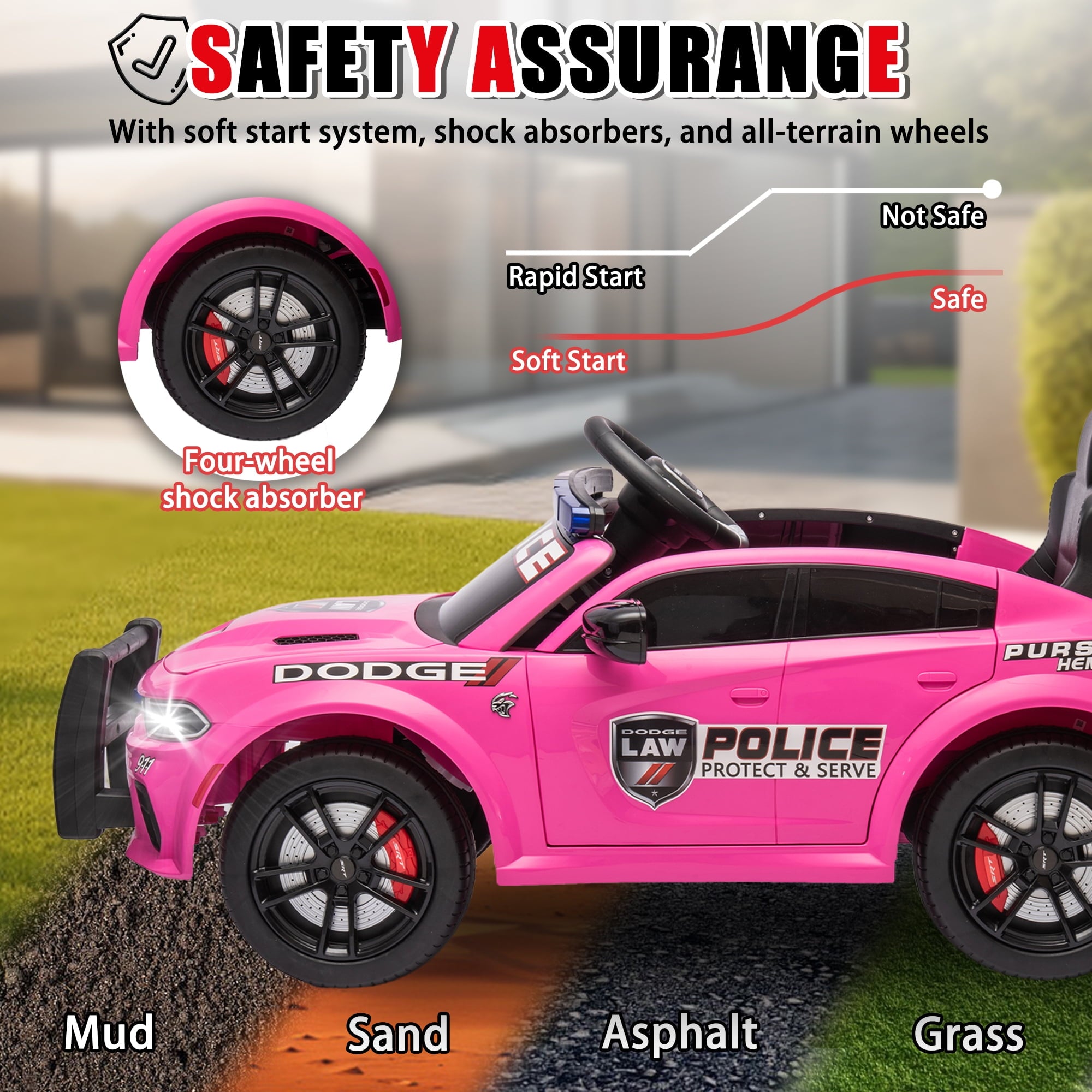 Track 7 Licensed Dodge Charger SRT Ride on Car, 12V Kids Ride on Police Car with Remote Control, Music, Alarm Lights, Megaphone, Electric Car for Kids Age 3+, Pink