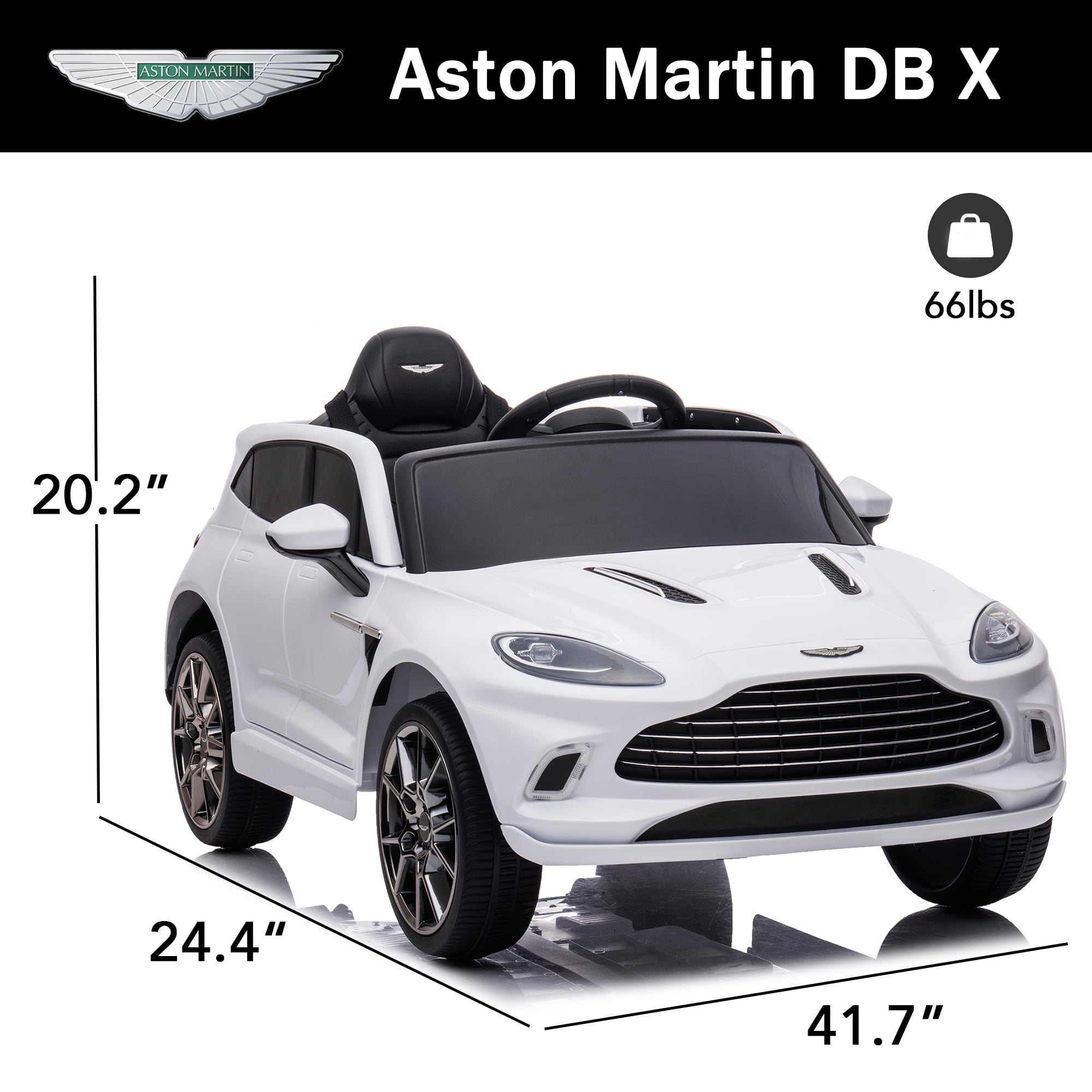 Track Seven 12V Kids Ride on Car, Licensed Aston Martin Electric Car for Boys Girls Age 3+, Remote Control, Music, USB, Portable Handle, White