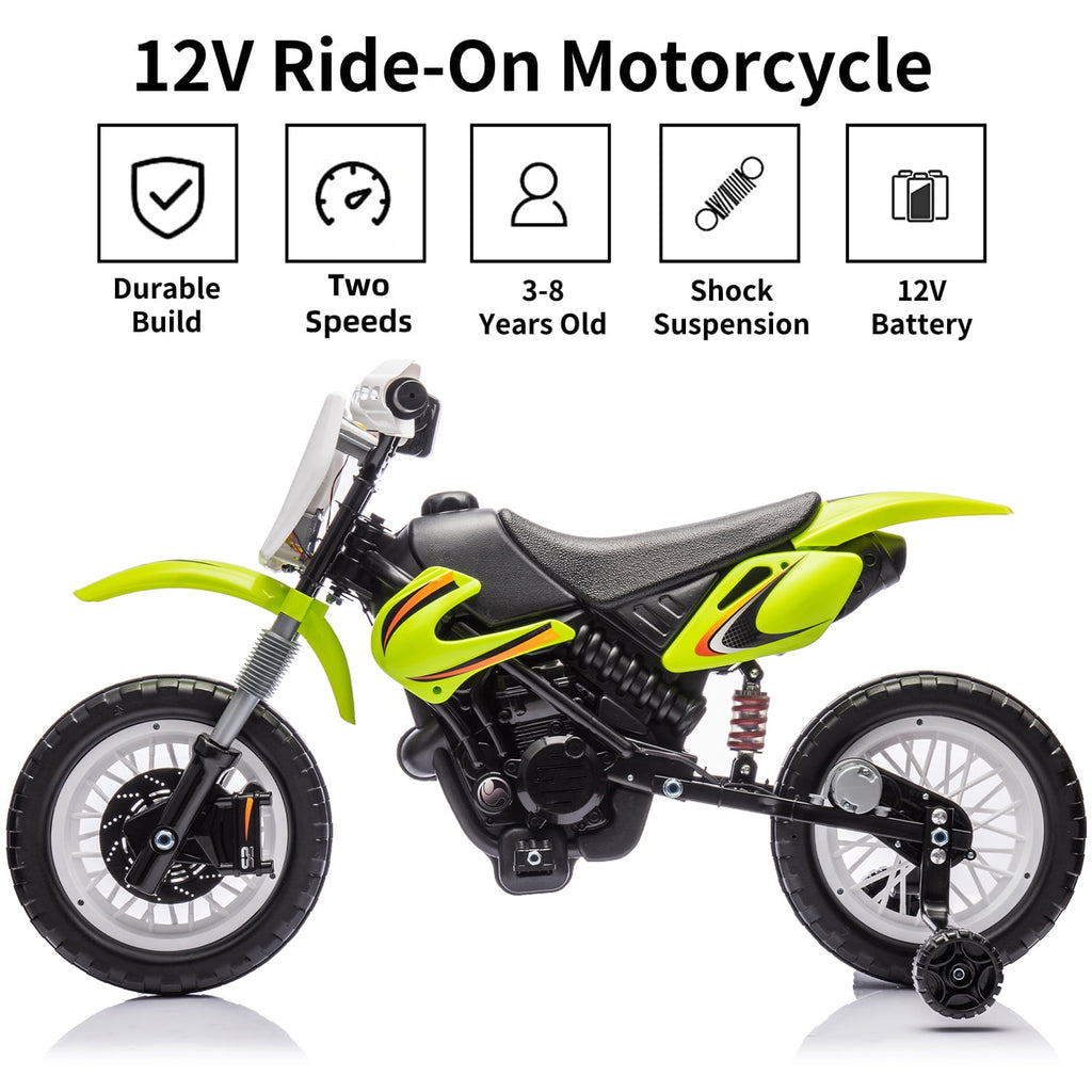 Track Seven 12V Electric Ride On Motorcycle, Kids Motorcycle with Removable Training Wheels, Twist Grip Throttle, Rear Suspension, Music, Electric Dirt Bike for Boys Girls Age 3+, Green