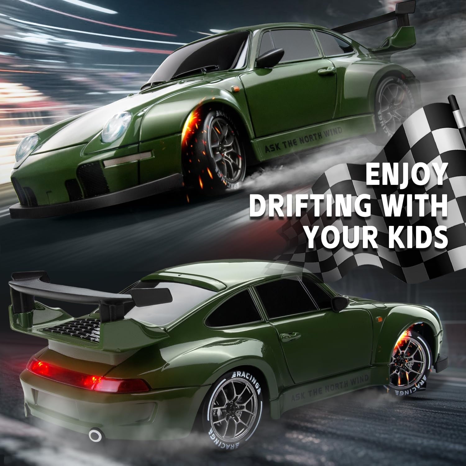 Track Seven RC Drift Car, 1:24 Scale Remote Control Vehicle with LED Lights, 2.4GHz 20KM/H 4WD High Speed RC Cars, Drifting Tires＆Two Batteries, Racing Sports Toy Idea Gift for Adults Boys Girls