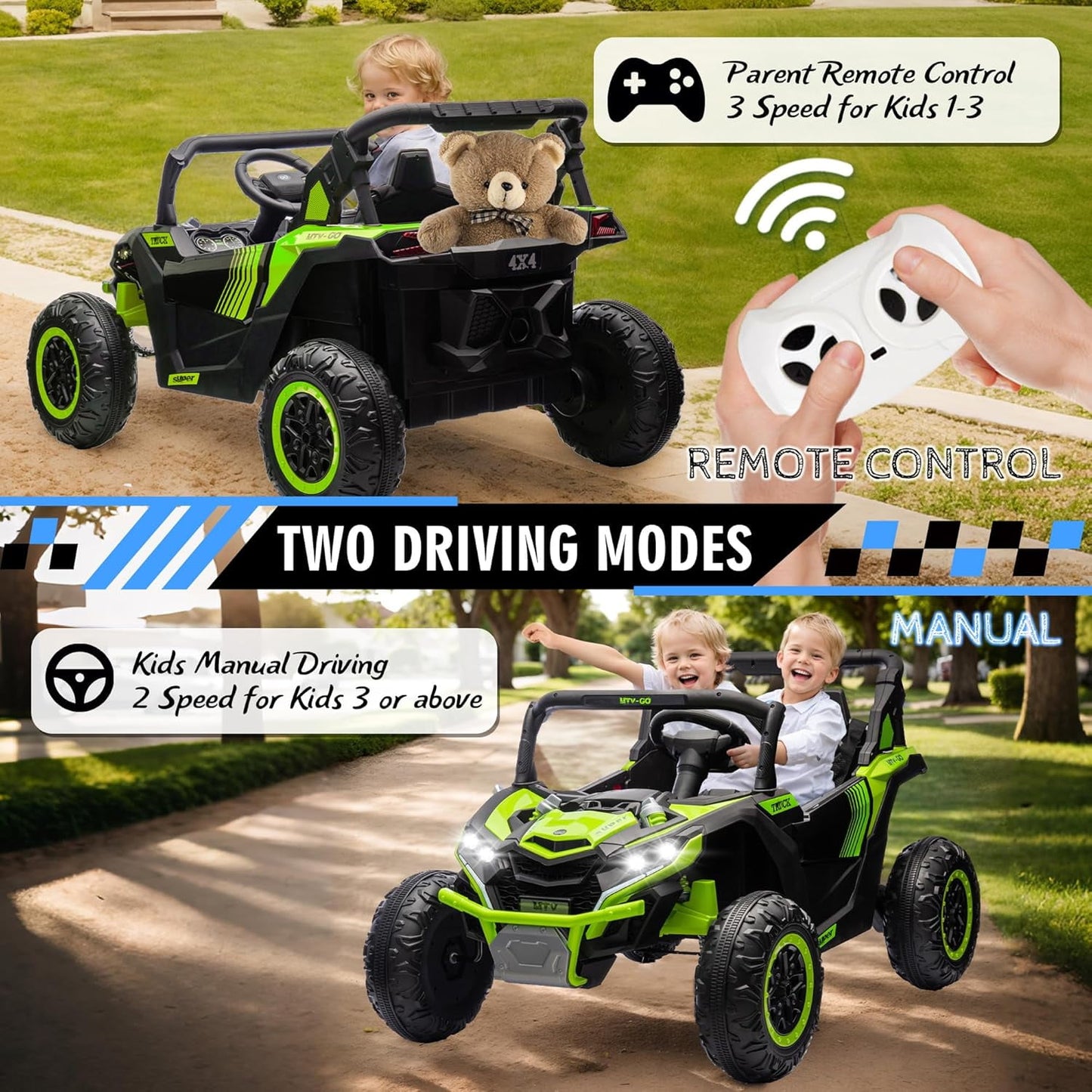 Track 7 24V 2-Seater Ride on UTV, 20" Large Seat, 2 x 200W Powerful Motors, 4.5 mph Max Speed, Ride on Car w/Remote Control, MP3, Lights, Battery Powered Electric Car for Boys Girls Age 3+, Blue