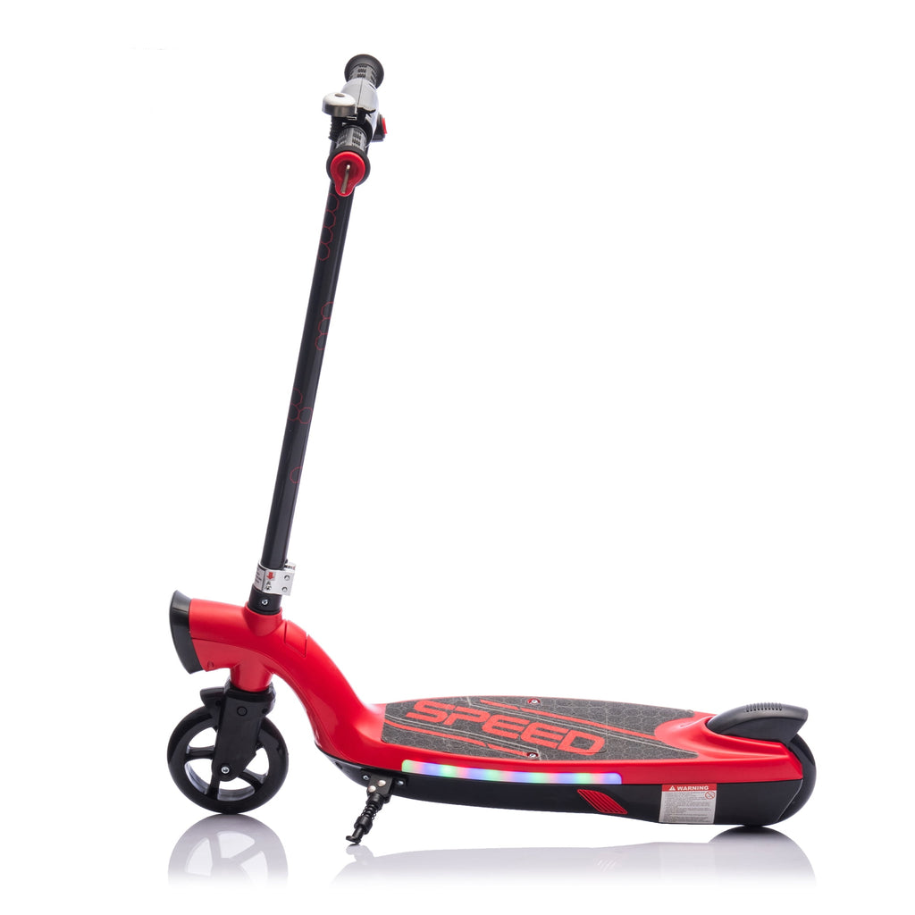 Track 7 12V Kids Electric Ride on Scooter with Kickstand, Rear Brake, Scooter Bell Design, Colorful LED Lights, Wider Pedal & Non-Slip Handle, Speeds 5.59-6.84 MPH for Ages 6+, Red