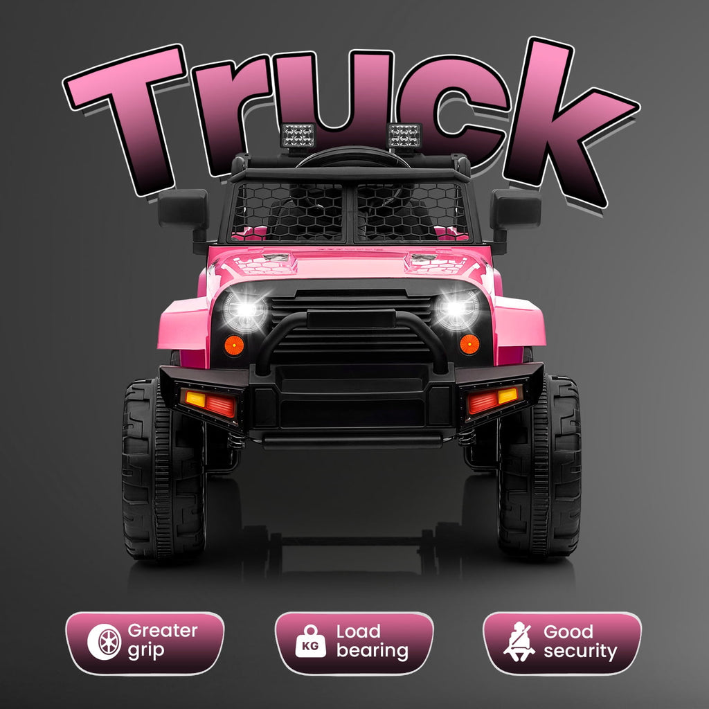 Track 7 Kids Ride on Truck, 12V Electric Car for Boys Girls Age 3+, Music, Ride on Car with Remote Control, Pink