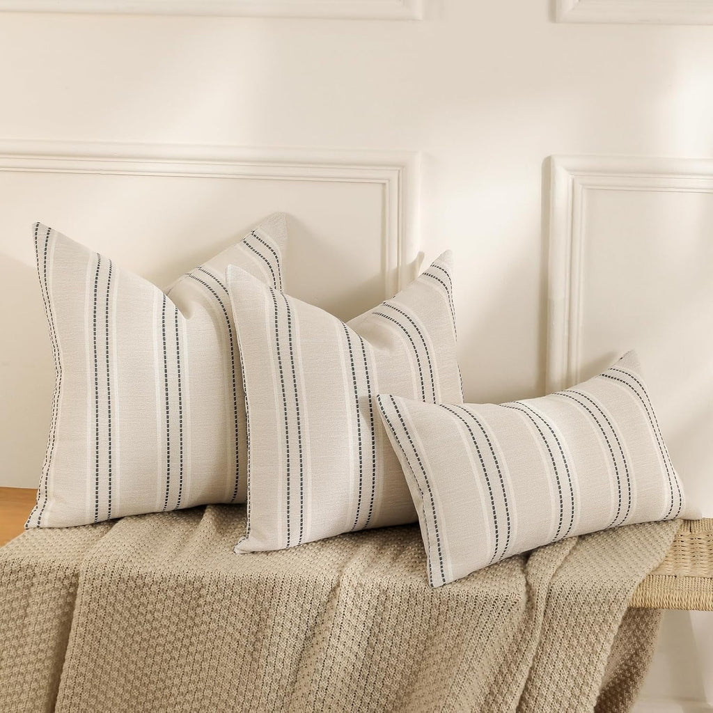 COOKCOK Throw Pillow Covers 20x20 Set of 2 Striped Pillow Covers Textured Linen Decorative Pillows Square Cushion Covers for Sofa Couch Bed Living Room Farmhouse Decor, Grey