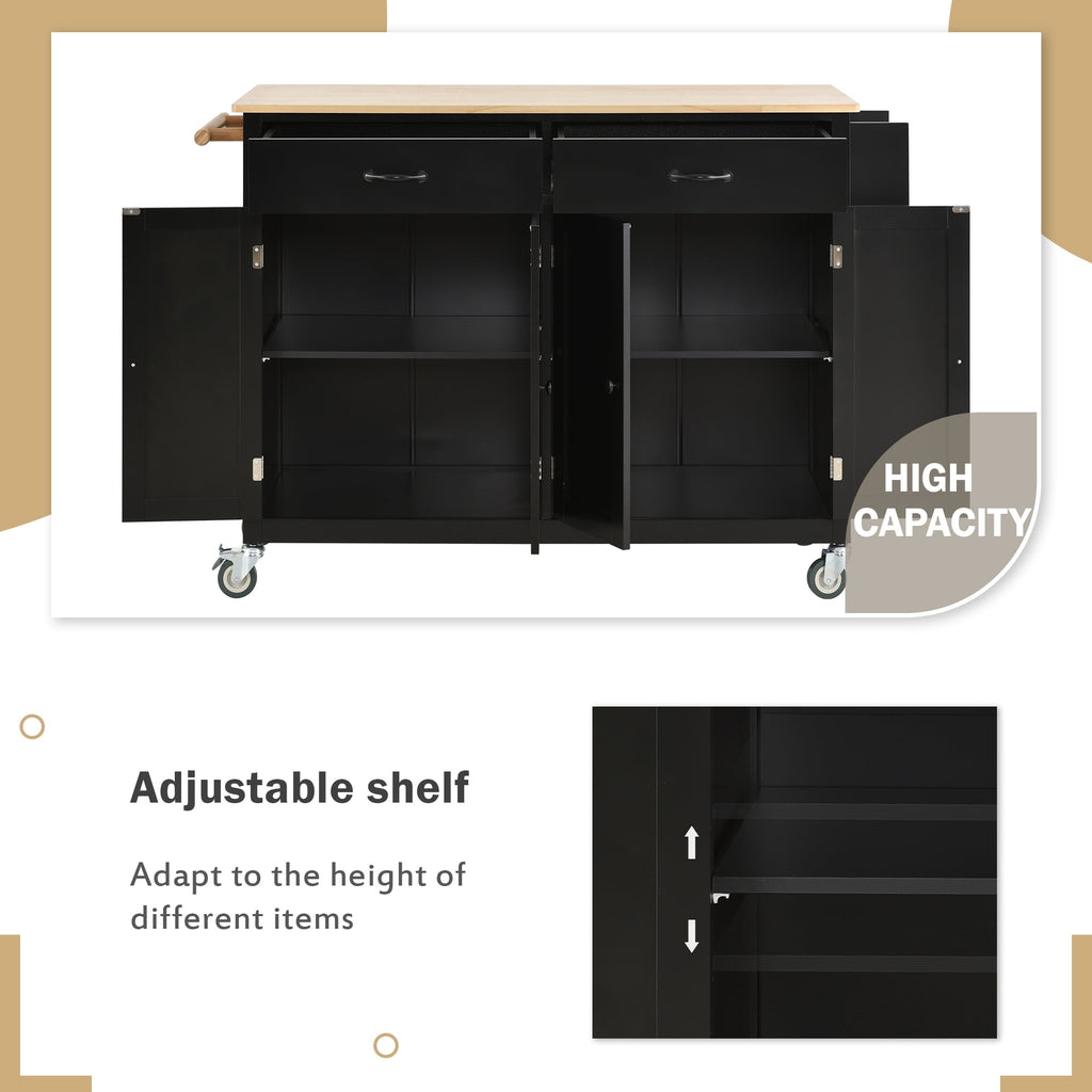 COOKCOK Kitchen Island Cart, Rolling Mobile Kitchen Island Cart with Wood Top and Locking Wheels, Storage Utility Cart with 4 Door Cabinet and Two Drawers, Spice Rack, Towel Rack, Black