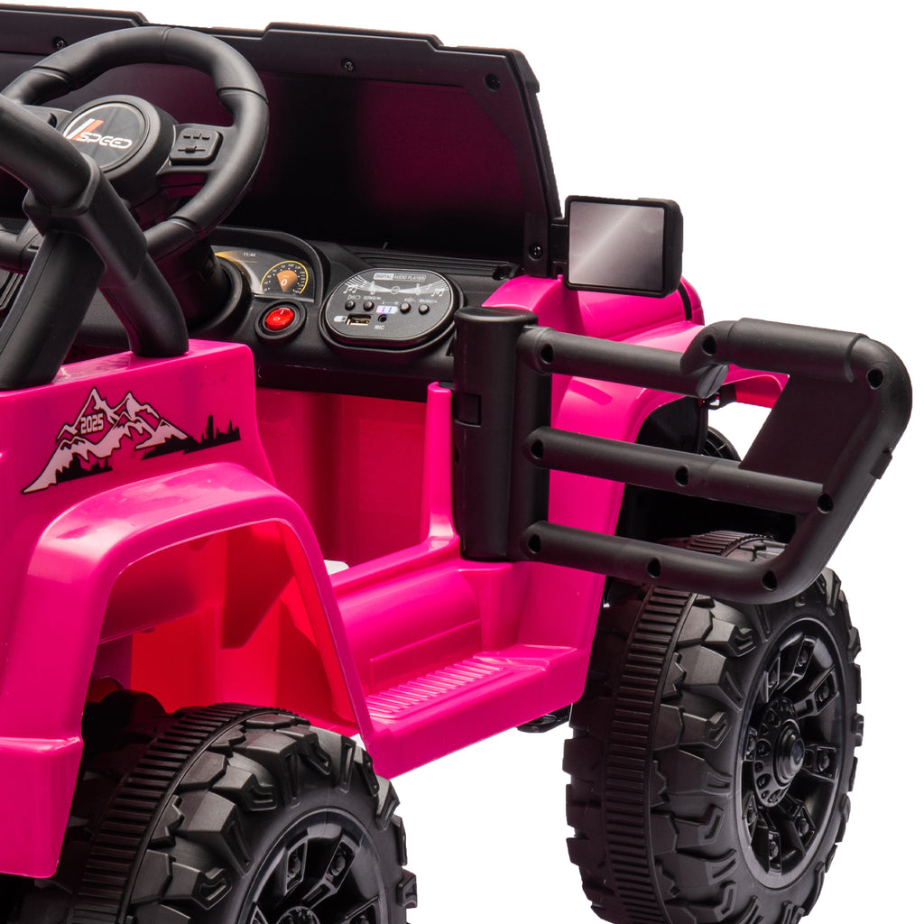 Track 7 12V Kids Ride on Pickup Truck, Dual Drive, 4-Wheel Suspension, with Headlights, Remote Control, Music, Bluetooth, MP3, Slow Start for Kids Aged 3-8, Rose Red