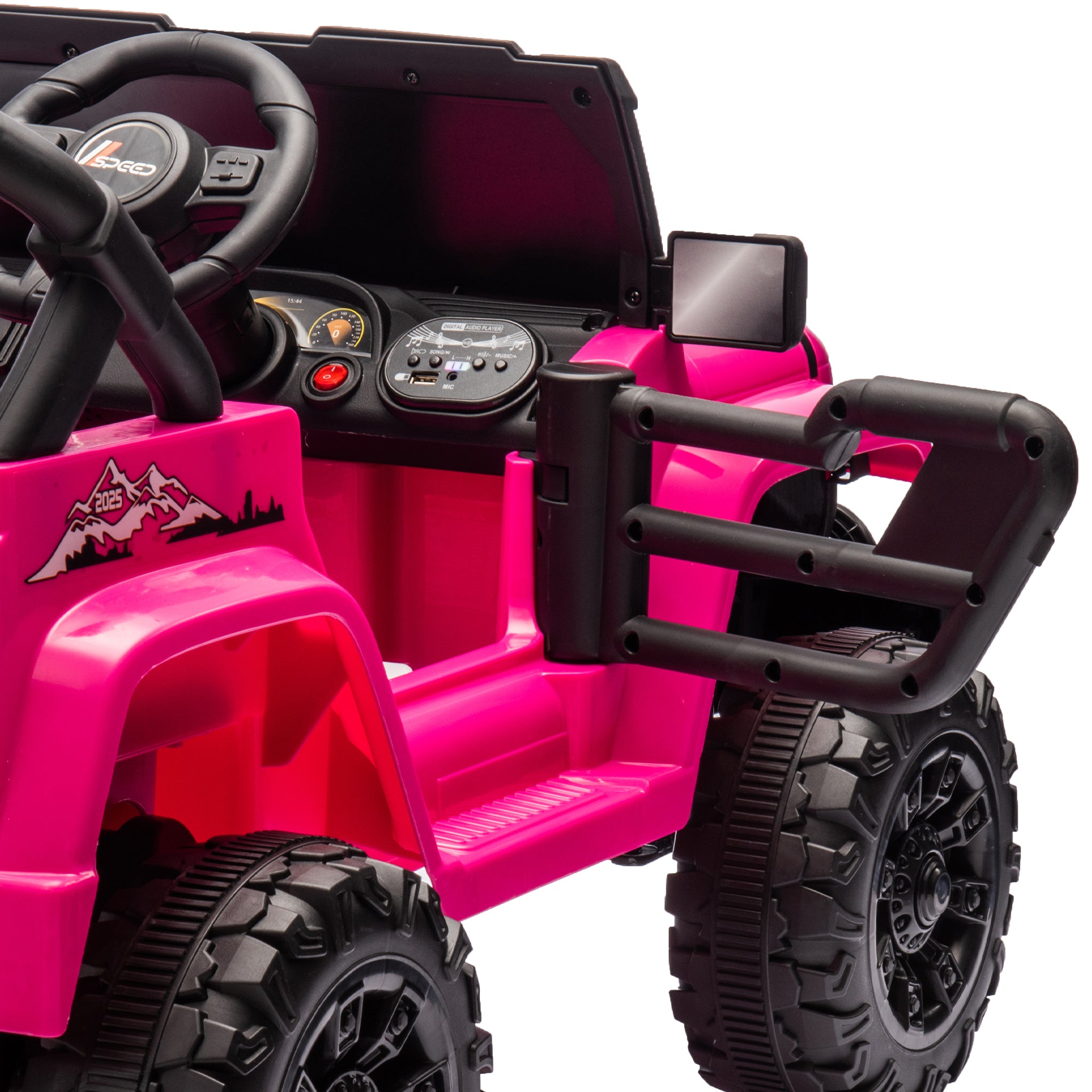 Track 7 12V Kids Ride on Pickup Truck, Dual Drive, 4-Wheel Suspension, with Headlights, Remote Control, Music, Bluetooth, MP3, Slow Start for Kids Aged 3-8, Rose Red