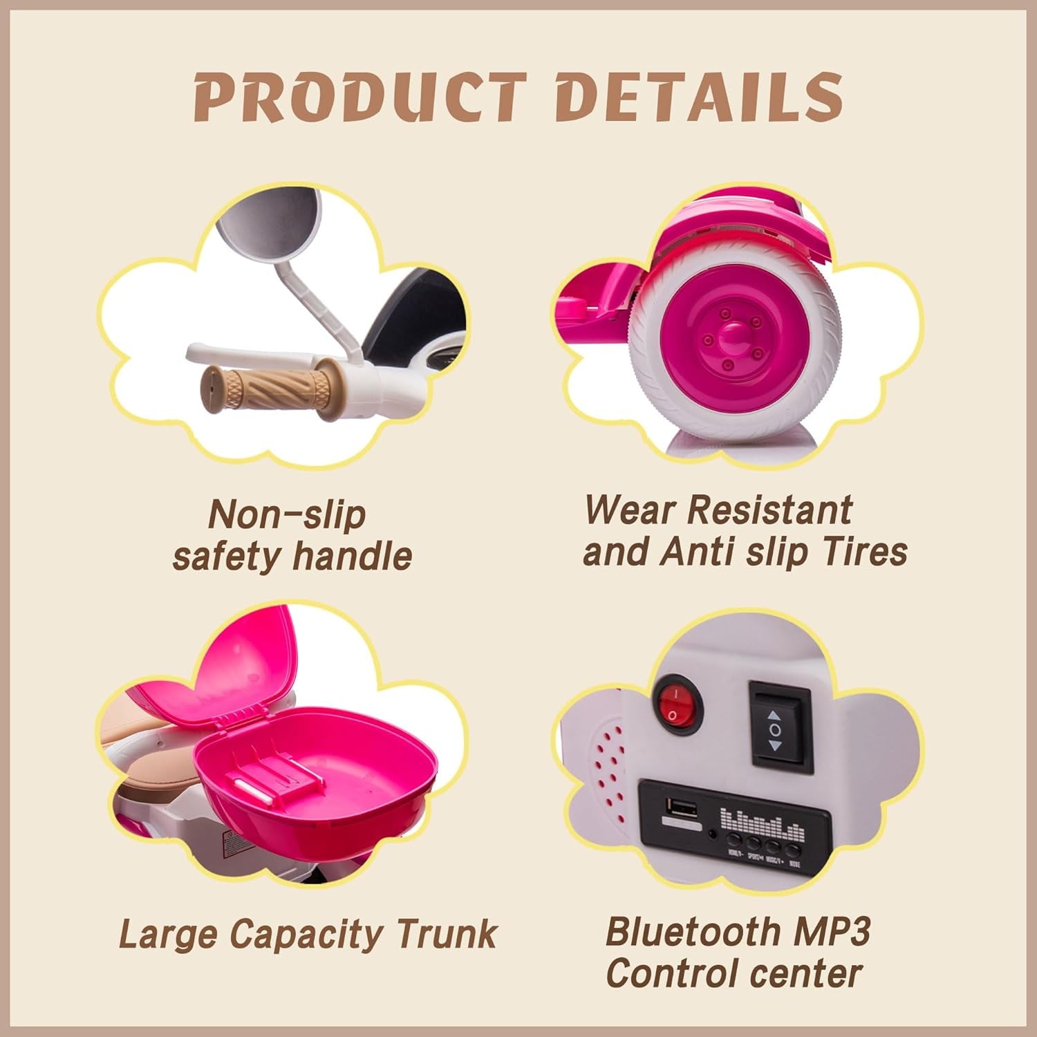 Track Seven 12V Ride on Motorcycle, 2-Seater Electric Motorcycle with Dual Motor, 3 Wheels Motorbike with Bluetooth, LED Lights, Storage Box, Front Hook, Ride on Toy Car for Kids Aged 3+