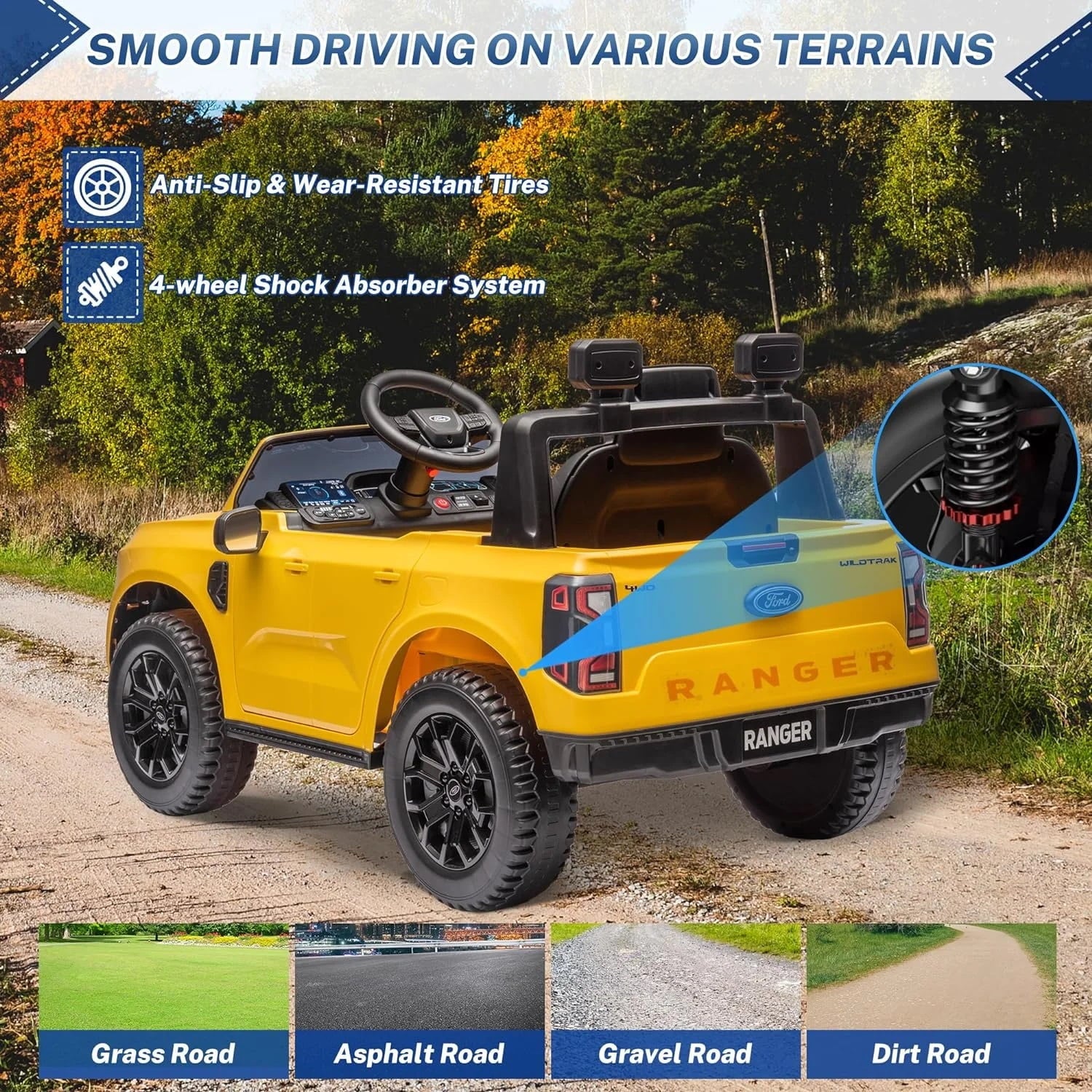 Track 7 12V Kids Ride on Car, Licensed Ford Ranger Electric Car with Remote Control, Music Player, LED Lights, Bluetooth, 12V Ride on Truck Car for Boys Girls Age 3+, Yellow