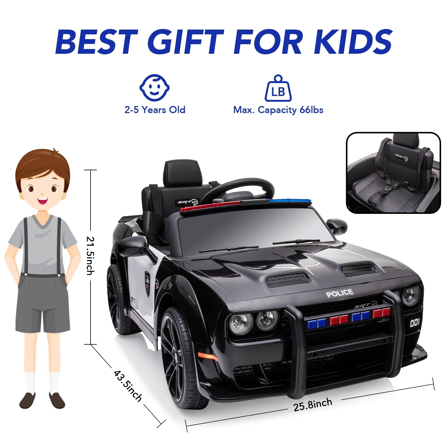 Track 7 Kids Ride on Police Car, Licensed Dodge Challenger SRT 12V Electric Car for Kids Age 3+, Remote Control, Music