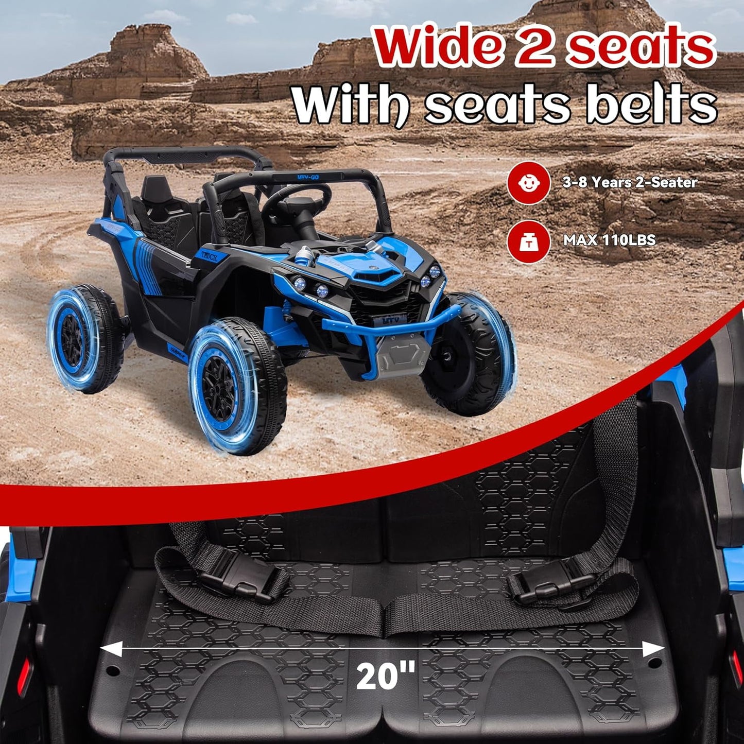 Track 7 24V 2-Seater Ride on UTV, 20" Large Seat, 2 x 200W Powerful Motors, 4.5 mph Max Speed, Ride on Car w/Remote Control, MP3, Lights, Battery Powered Electric Car for Boys Girls Age 3+, Blue