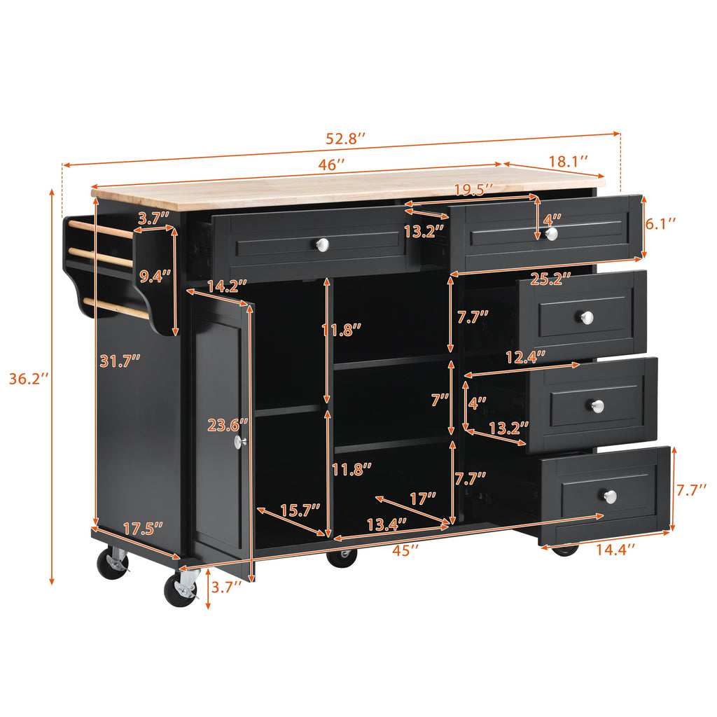 COOKCOK Kitchen Cart with Wood Countertop, Rolling Mobile Kitchen Island Cart with 5 Drawers, Open Storage Shelves, Towel Rack, 53" Width, Black