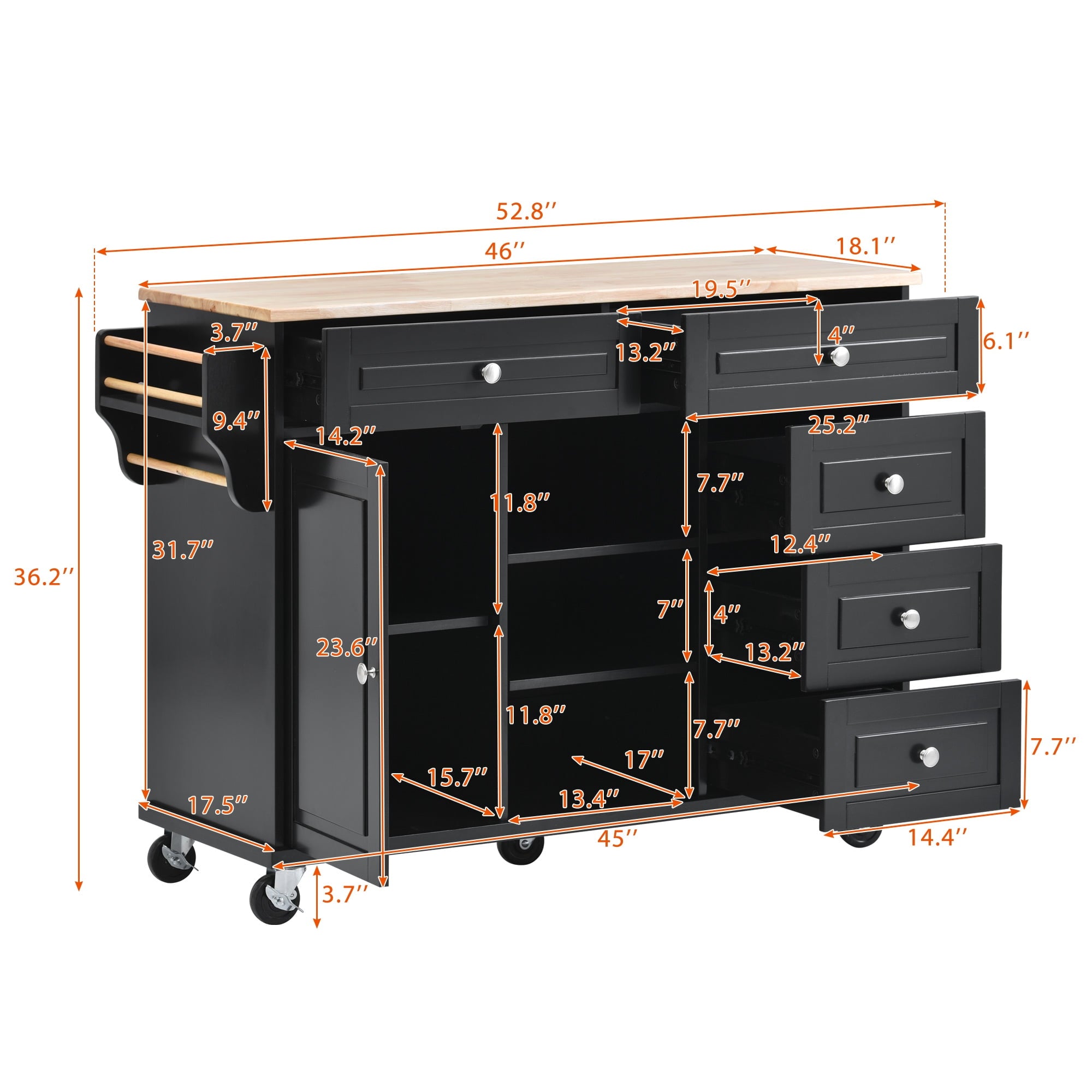 COOKCOK Kitchen Cart with Wood Countertop, Rolling Mobile Kitchen Island Cart with 5 Drawers, Open Storage Shelves, Towel Rack, 53" Width, Black