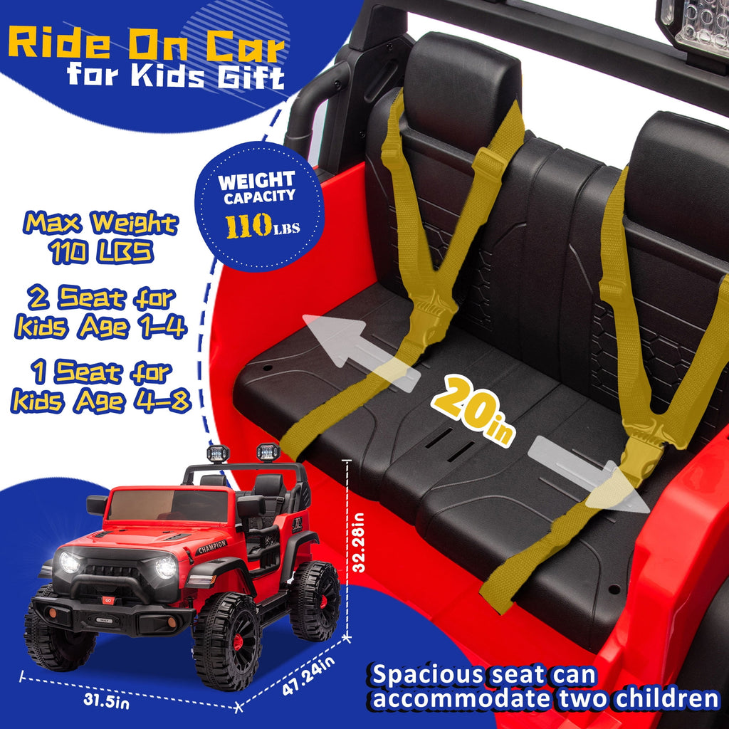 Track Seven  24V Ride on Truck, 2 Seater Ride On Toy Car for Big Kids, 19.7" Large Wide Seat, 4WD Electric Truck Car with Music, Bluetooth, Light and Searchlight, Max Speed 4.35 mph, Red