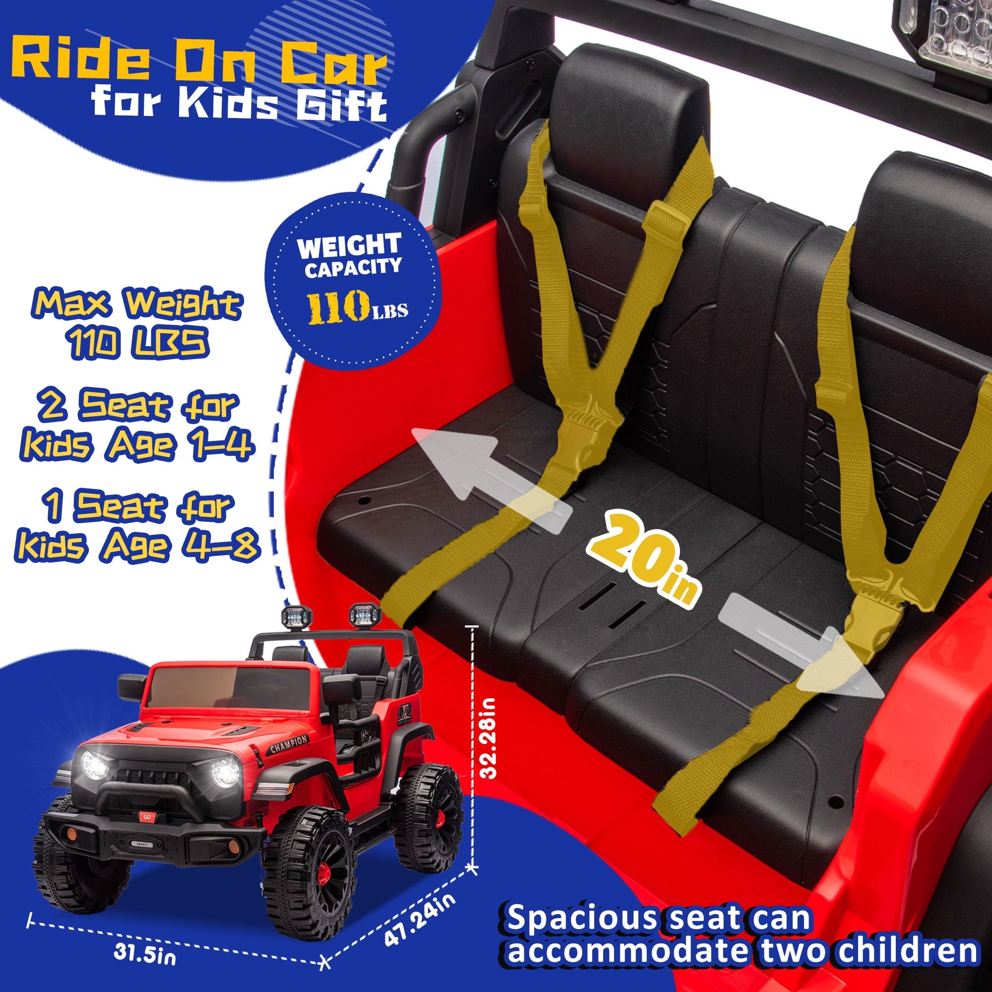 Track Seven  24V Ride on Truck, 2 Seater Ride On Toy Car for Big Kids, 19.7" Large Wide Seat, 4WD Electric Truck Car with Music, Bluetooth, Light and Searchlight, Max Speed 4.35 mph, Red