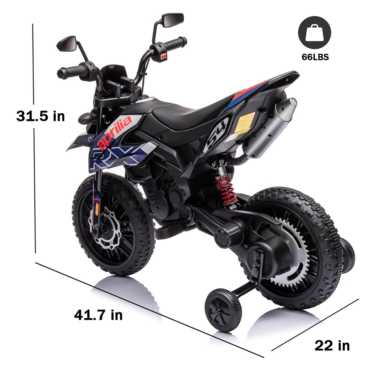 Track 7 12 V Ride on Motorcycle, Licensed Aprilia RX125 Kids Electric Motorcycle with Training Wheels, Spring Suspension, LED Lights, Music, Black
