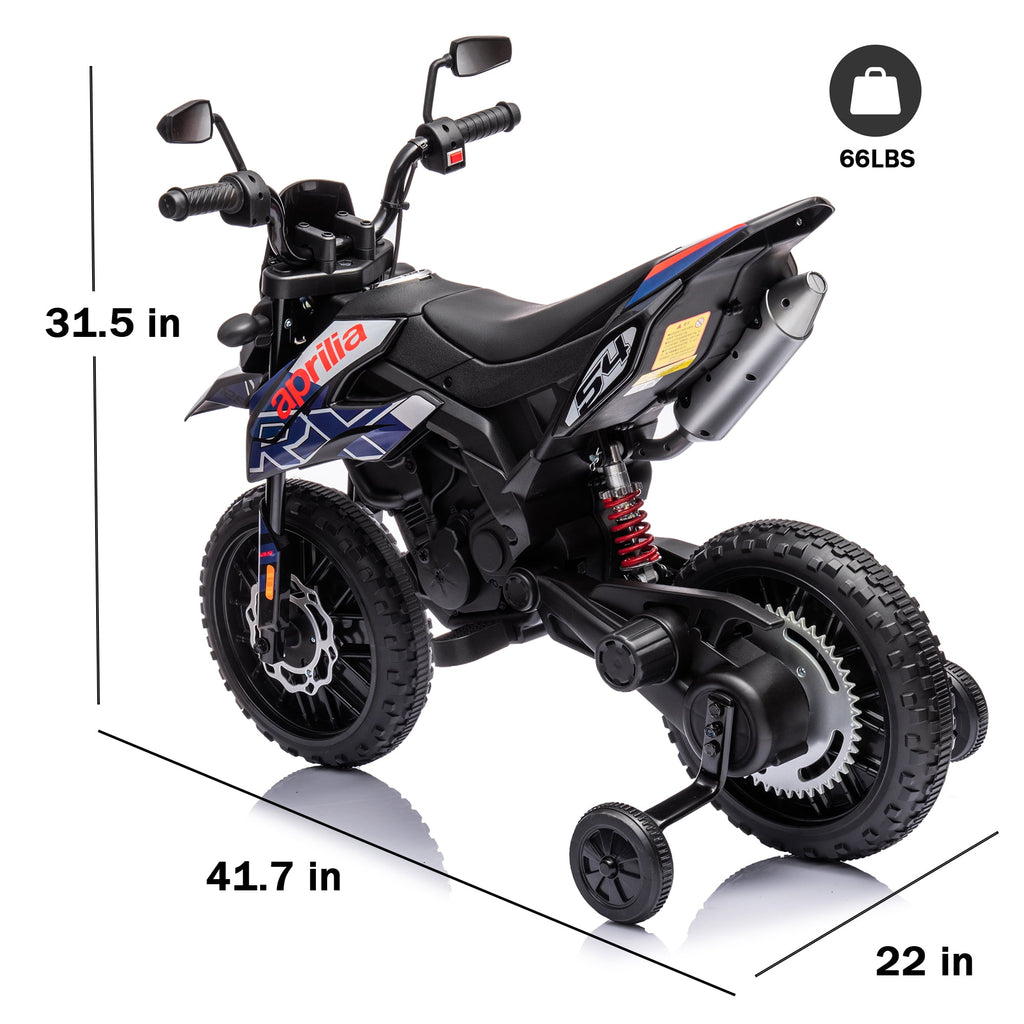 Track 7 12 V Ride on Motorcycle, Licensed Aprilia RX125 Kids Electric Motorcycle with Training Wheels, Spring Suspension, LED Lights, Music, Black