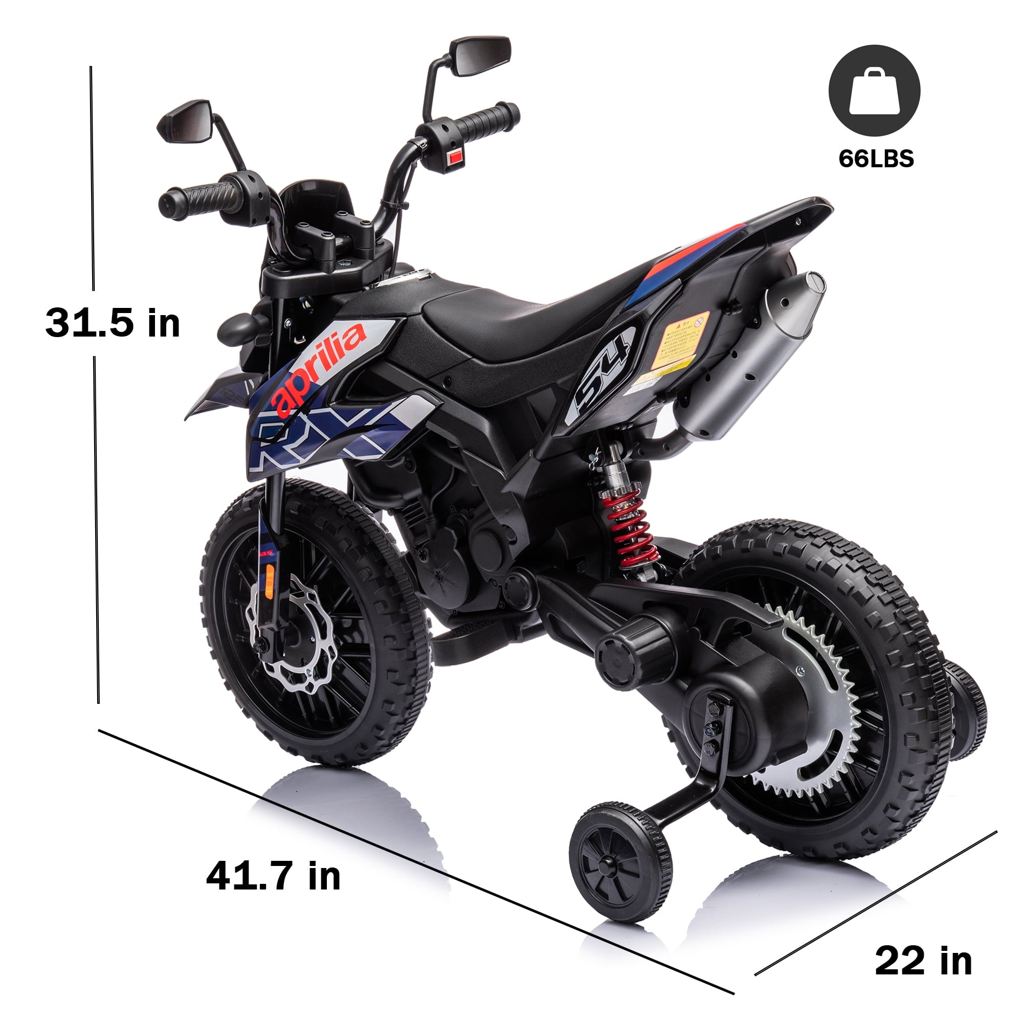 Track 7 12 V Ride on Motorcycle, Licensed Aprilia RX125 Kids Electric Motorcycle with Training Wheels, Spring Suspension, LED Lights, Music, Black