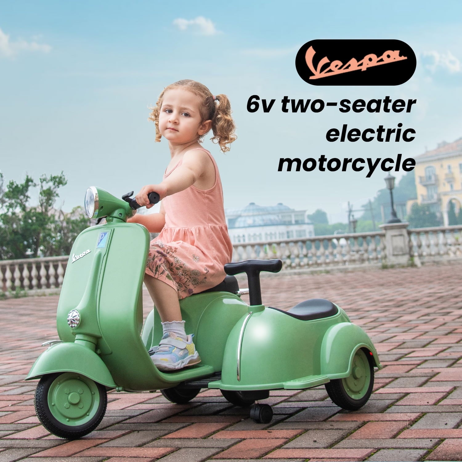 LISUEYNE Licensed Vespa Ride on Motorcycle with Side Car, 2-Seater Electric Car for Kids, Music, Storage Bin, Max Speed 3.7mph, Green