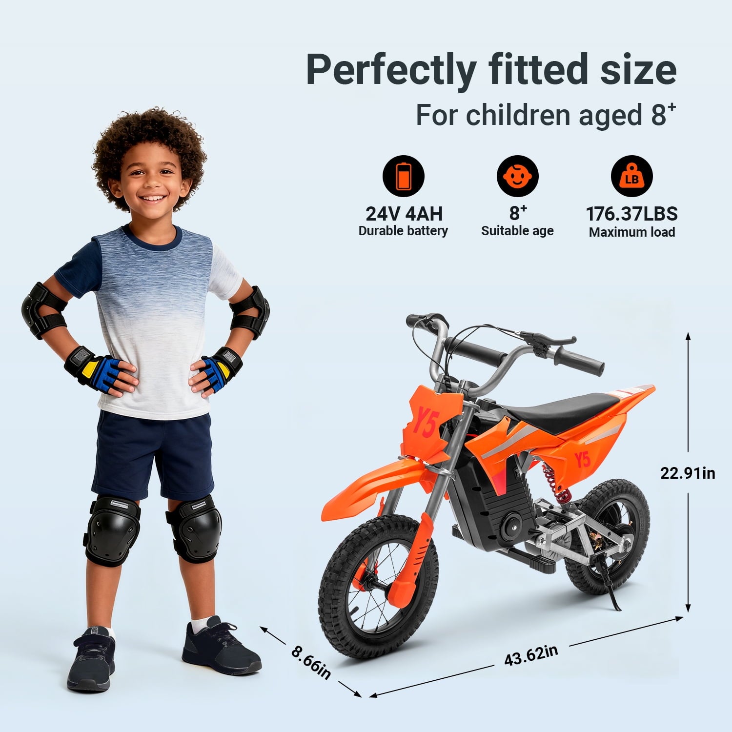 Track Seven 24V Electric Dirt Bike, 250W Ride on Motorcycle, 3 Speed Up-to 9.3 mph, Battery Display, Rear Suspension, Disc Brake, Bluetooth, LED Light, Electric Motocross Bike for Kids Age 8+, Orange