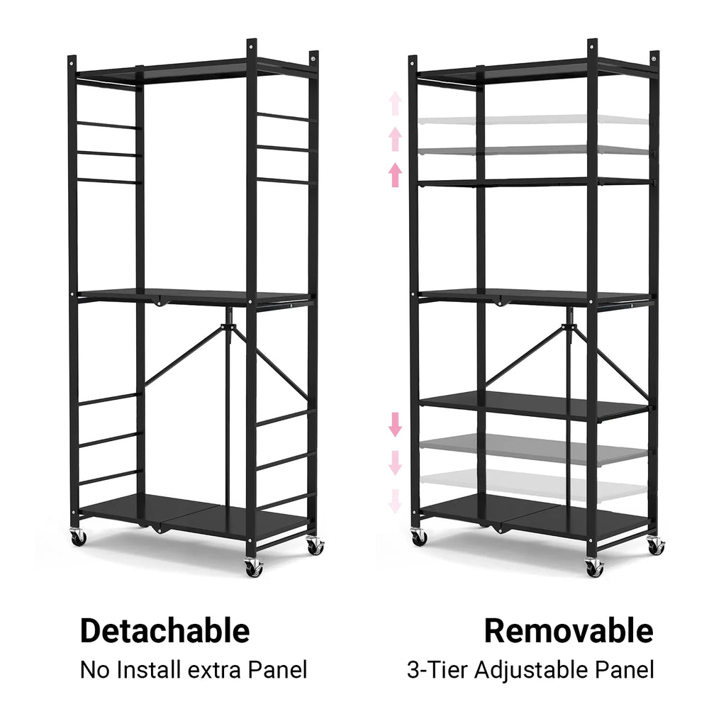 COOKCOK 5-Tier Storage Shelving Unit, Metal Shelf, Adjutable Height, Foldable Storage Shelf with Wheels, Garage Shelf, Kitchen Shelf, Side Protective, 550lbs Capacity, Black