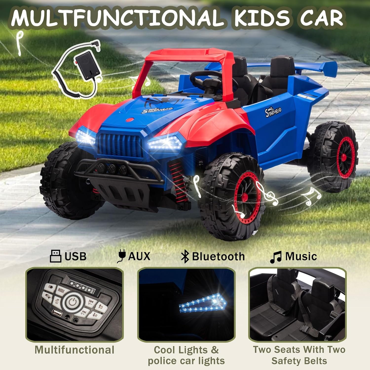 Track 7 24V 2-Seater Ride on Car, Kids Electric Car with Remote Control, 20.4" Extra Width Seat, Bluetooth, Power Display, 24V Ride on Truck for Boys Girls Age 3+, Max Speed 6.21 mph, Blue