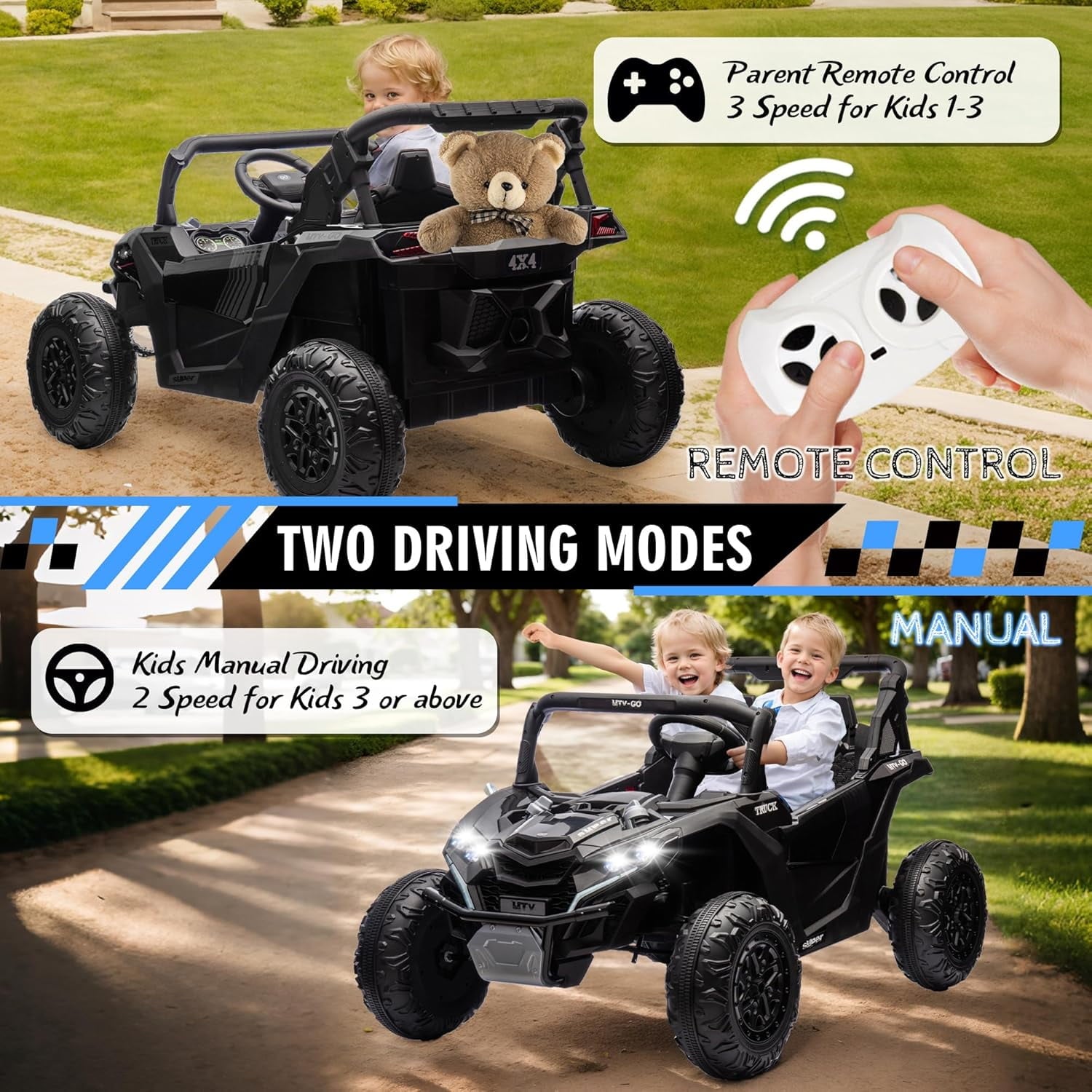 Track Seven 24V 2-Seater Ride on UTV, 20" Large Seat, 2 x 200W Powerful Motors, 4.5 mph Max Speed, Ride on Car w/Remote Control, MP3, Lights, Battery Powered Electric Car for Boys Girls Age 3+, Black