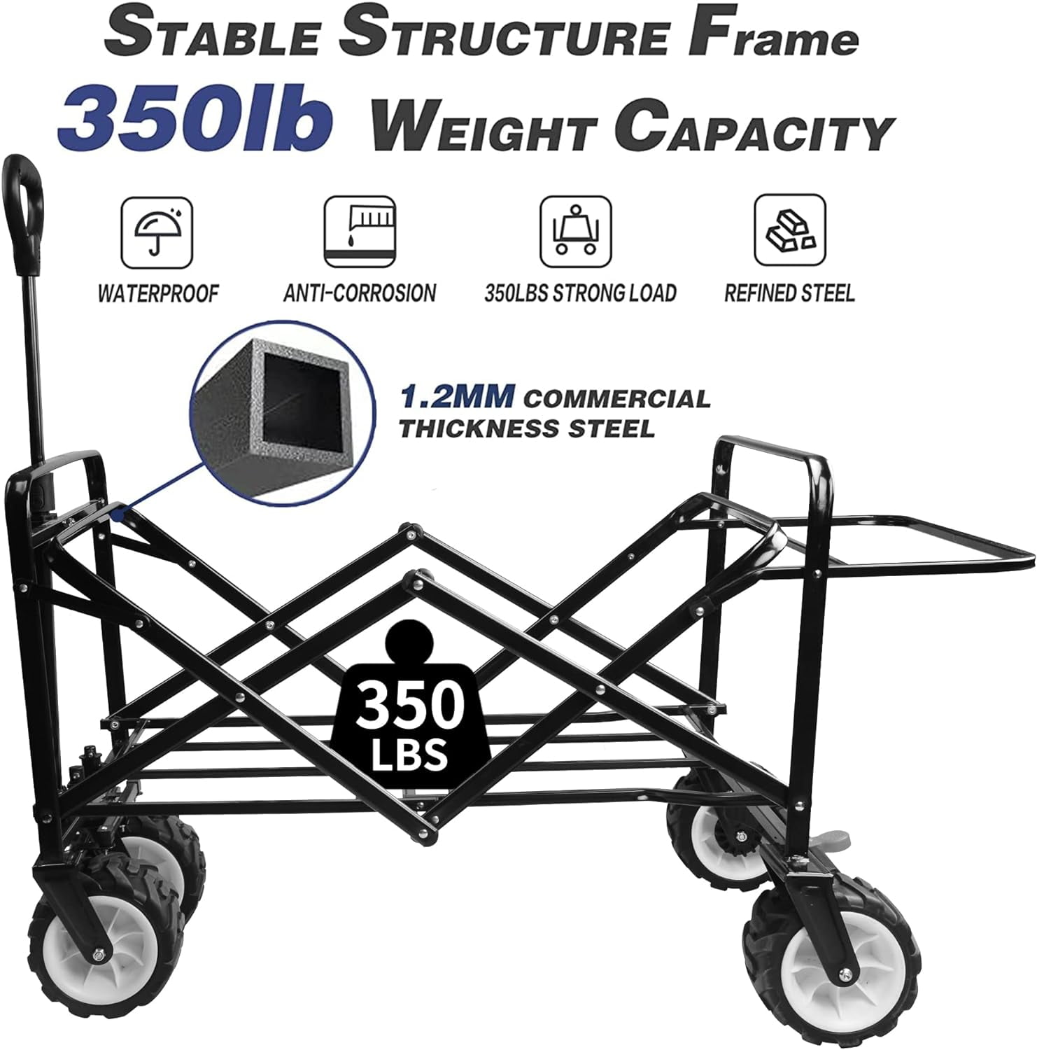 COOKCOK Collapsible Wagon Cart, 350 Pound Capacity Heavy Duty Enlarged Utility Folding Beach Garden Wagon Cart with Cooler Bag & Big Wheels for Outdoor Camping Shopping, Green
