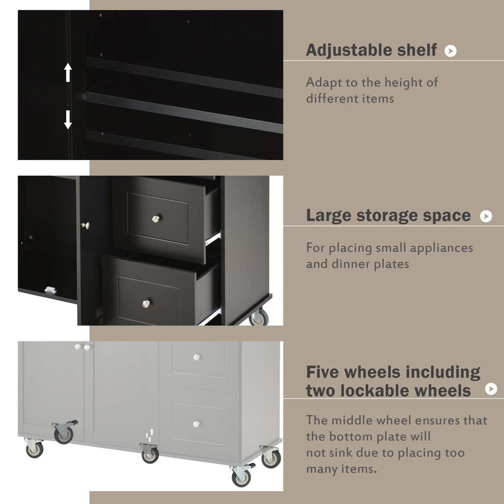COOKCOK Mobile Kitchen Island Cart, Kitchen Cart with Wood Top and Drop Leaf Breakfast Bar, Rolling 52.7" Mobile Kitchen Island with Storage and Towel Rack, Drawers, Black