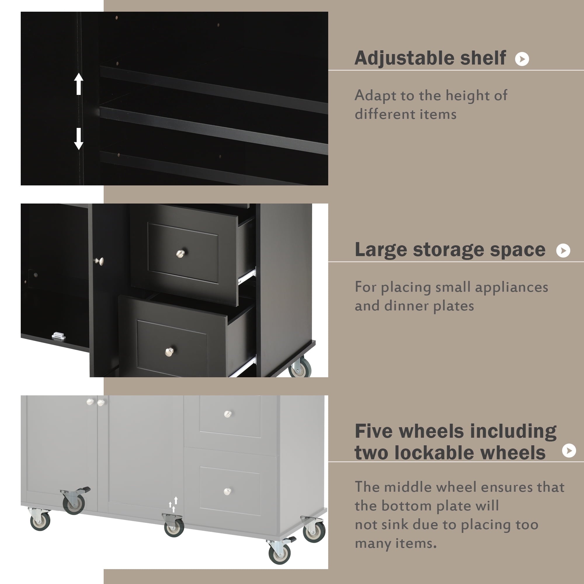 COOKCOK Mobile Kitchen Island Cart, Kitchen Cart with Wood Top and Drop Leaf Breakfast Bar, Rolling 52.7" Mobile Kitchen Island with Storage and Towel Rack, Drawers, Black