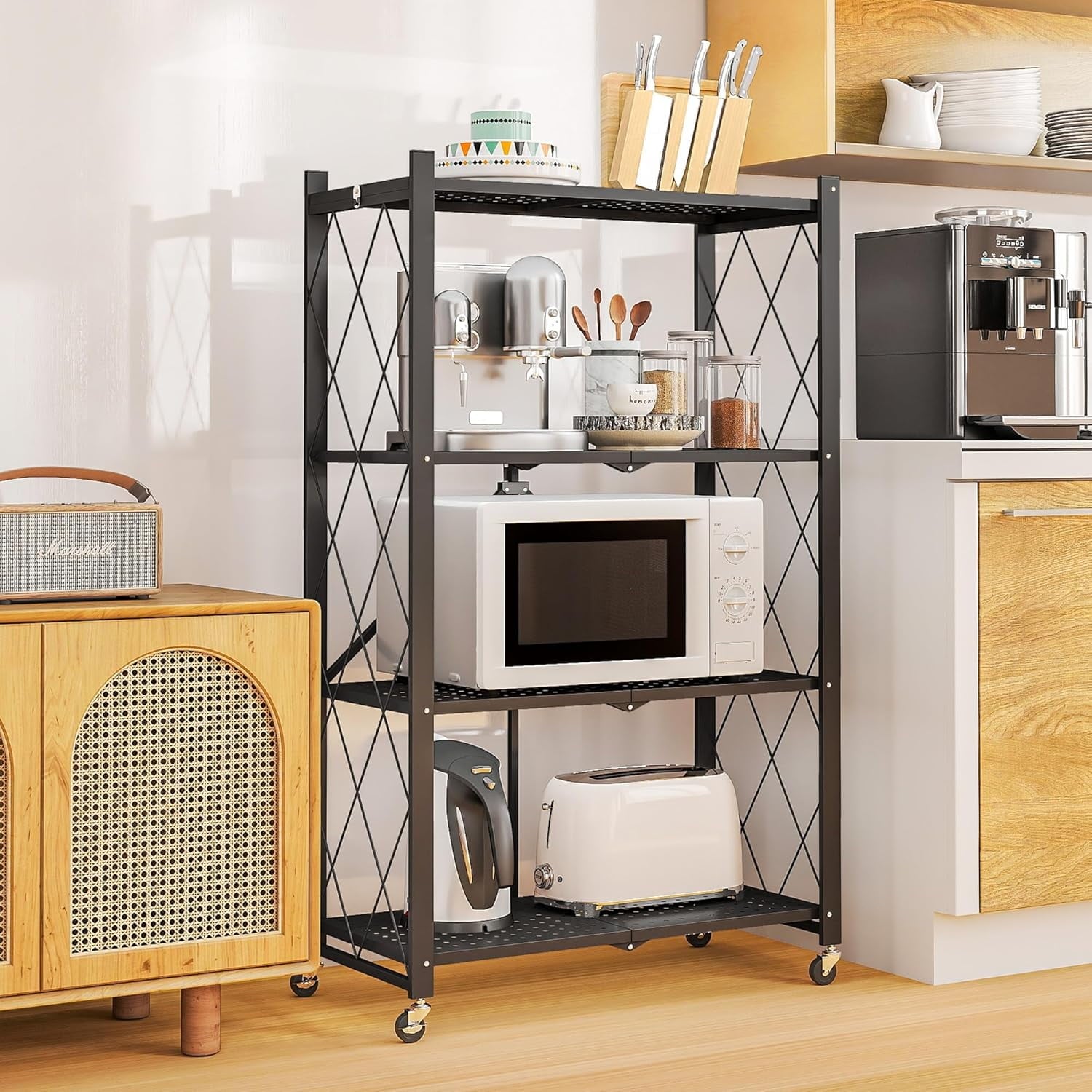 COOKCOK 4-Tier Storage Shelves, Foldable Shelving Units with Wheels, 27.9"x13.4"x 47.8", Freestanding Wire Shelf Rack with Hooks, No Assembly Organizer Rack for Garage Kitchen, Black (Pack of 2)