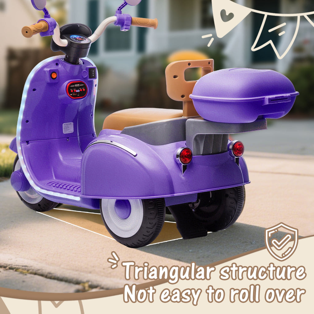 Track Seven 12V Kids Ride on Electric Motorcycle,3 Wheels Powered Motorbike with LED Strip light, 2WD, Anti-Slip Seat, Storage Basket, Bluetooth Music, Parent Remote Control for Ages 3-8, Purple