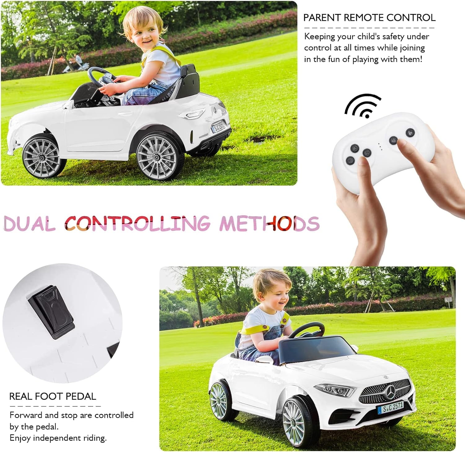 Track 7 12V Ride on Car, Licensed Mercedes-Benz CLS 350 Electric Car for Kids, Ride on Car with Remote Control, Music, Power Display, LED Lights, MP3, Kids Car for Age 3+, White