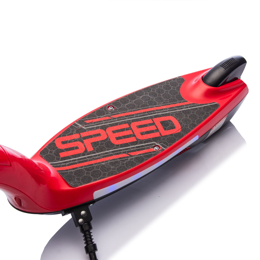 Track 7 12V Kids Electric Ride on Scooter with Kickstand, Rear Brake, Scooter Bell Design, Colorful LED Lights, Wider Pedal & Non-Slip Handle, Speeds 5.59-6.84 MPH for Ages 6+, Red