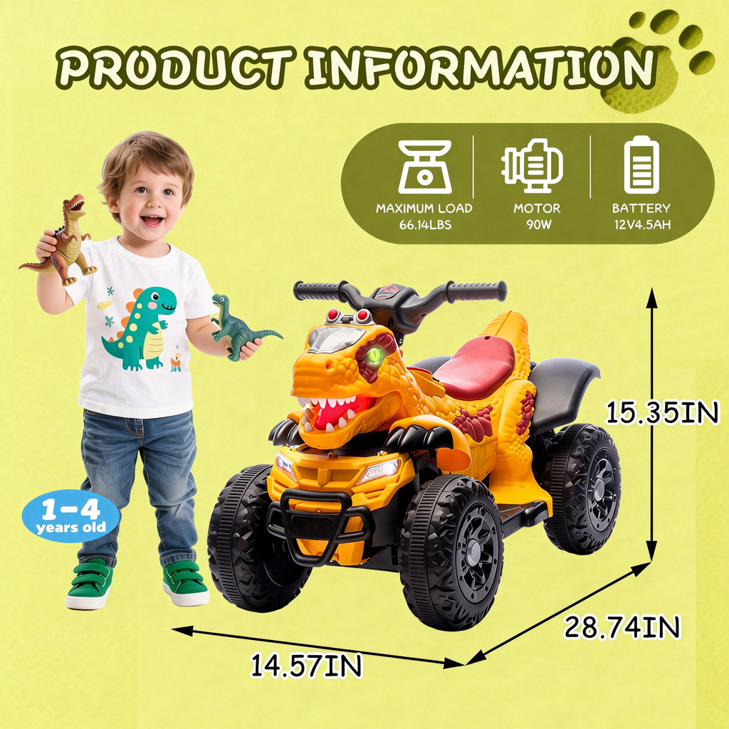 Track Seven 12V Electric Ride-On ATV, Dinosaur Four Wheeler Electric Car with Bluetooth, LED Lights, Music, Electric Quad Ride-On Toy Car for Toddlers Boys Girls Age 2+