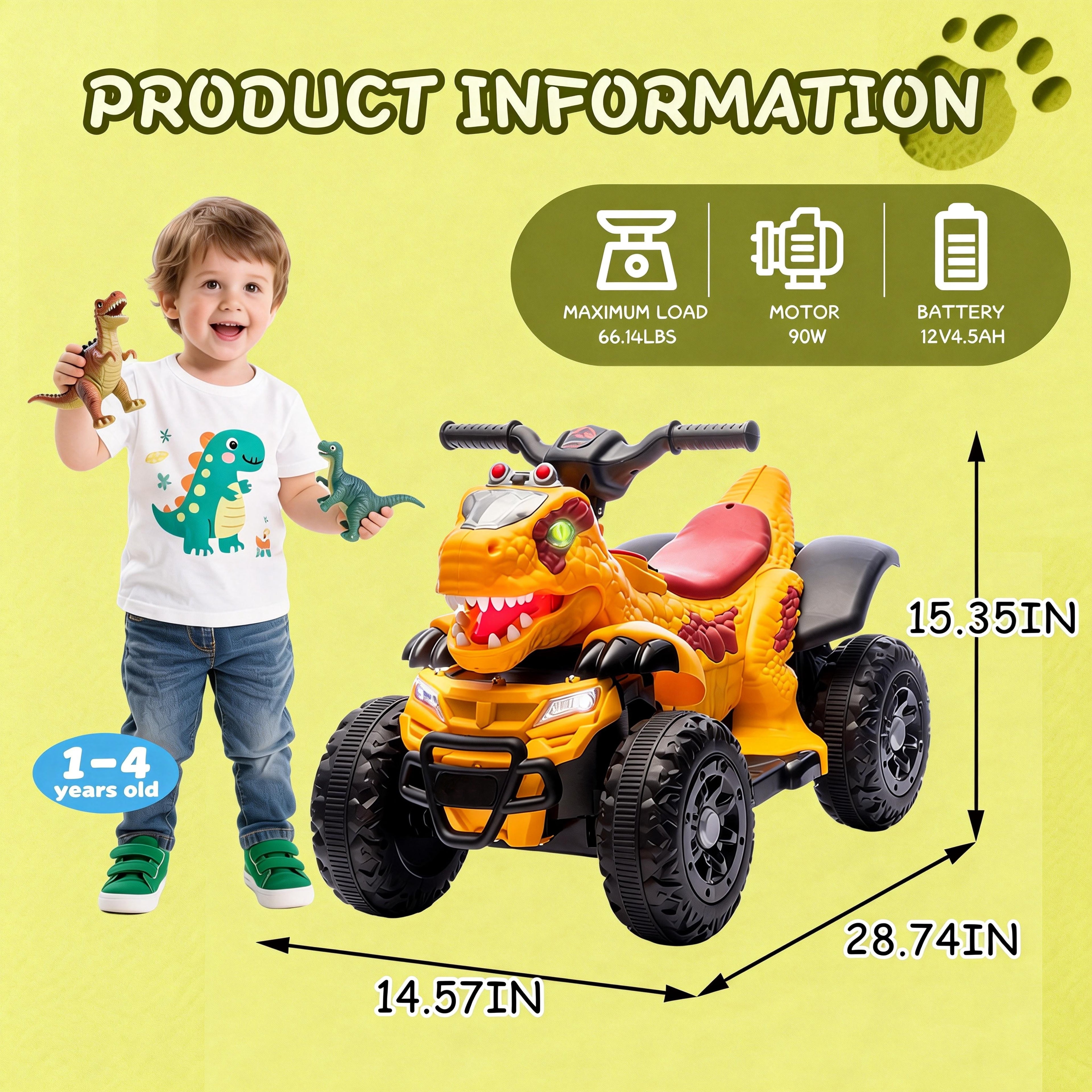 Track Seven 12V Electric Ride-On ATV, Dinosaur Four Wheeler Electric Car with Bluetooth, LED Lights, Music, Electric Quad Ride-On Toy Car for Toddlers Boys Girls Age 2+