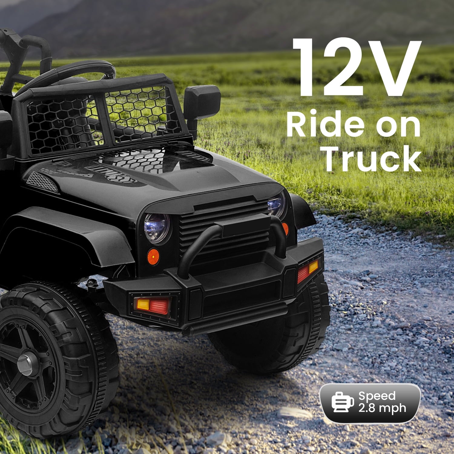 Track Seven Kids Ride on Truck, 12V Electric Car for Boys Girls Age 3+, Music, Ride on Car with Remote Control, Black